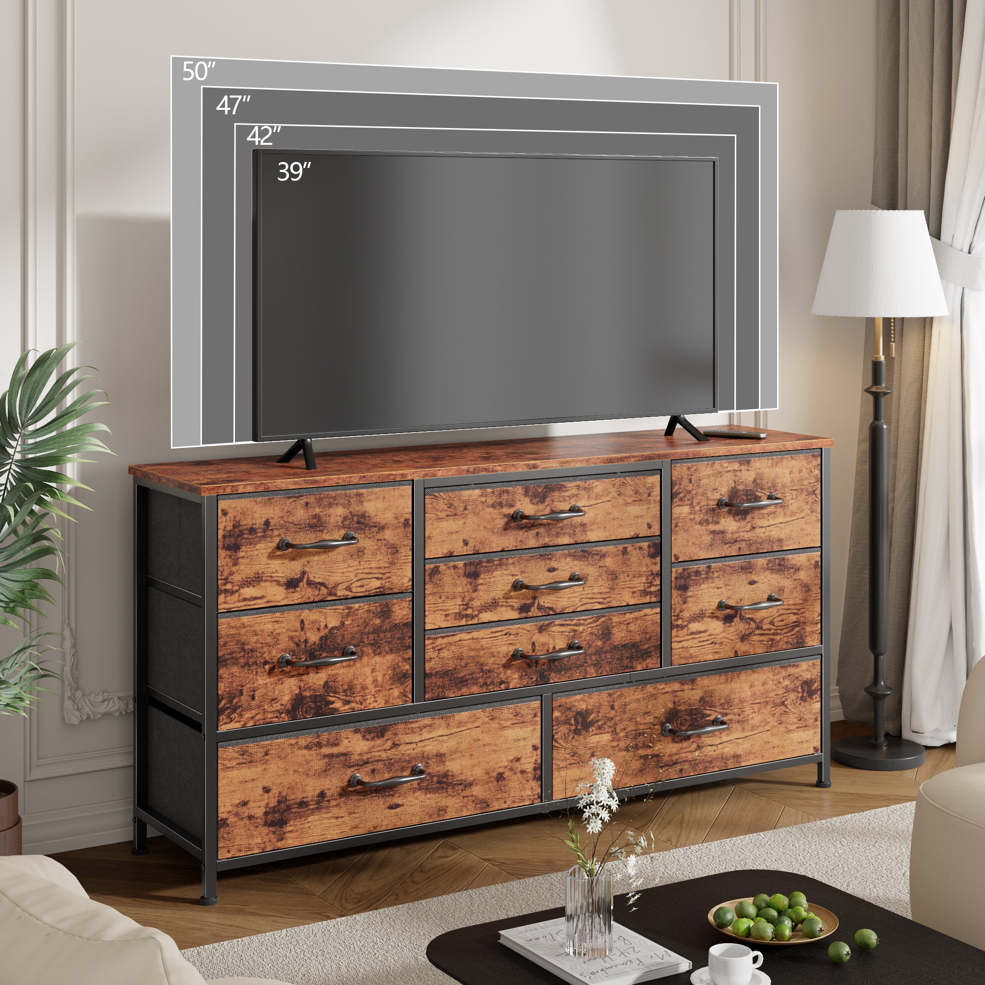 Industrial Rustic Brown 9 Drawer Dresser Wide Fabric Storage Chest Wood Top Bedroom Furniture Media Console TV Stand 45 Inch Organizer