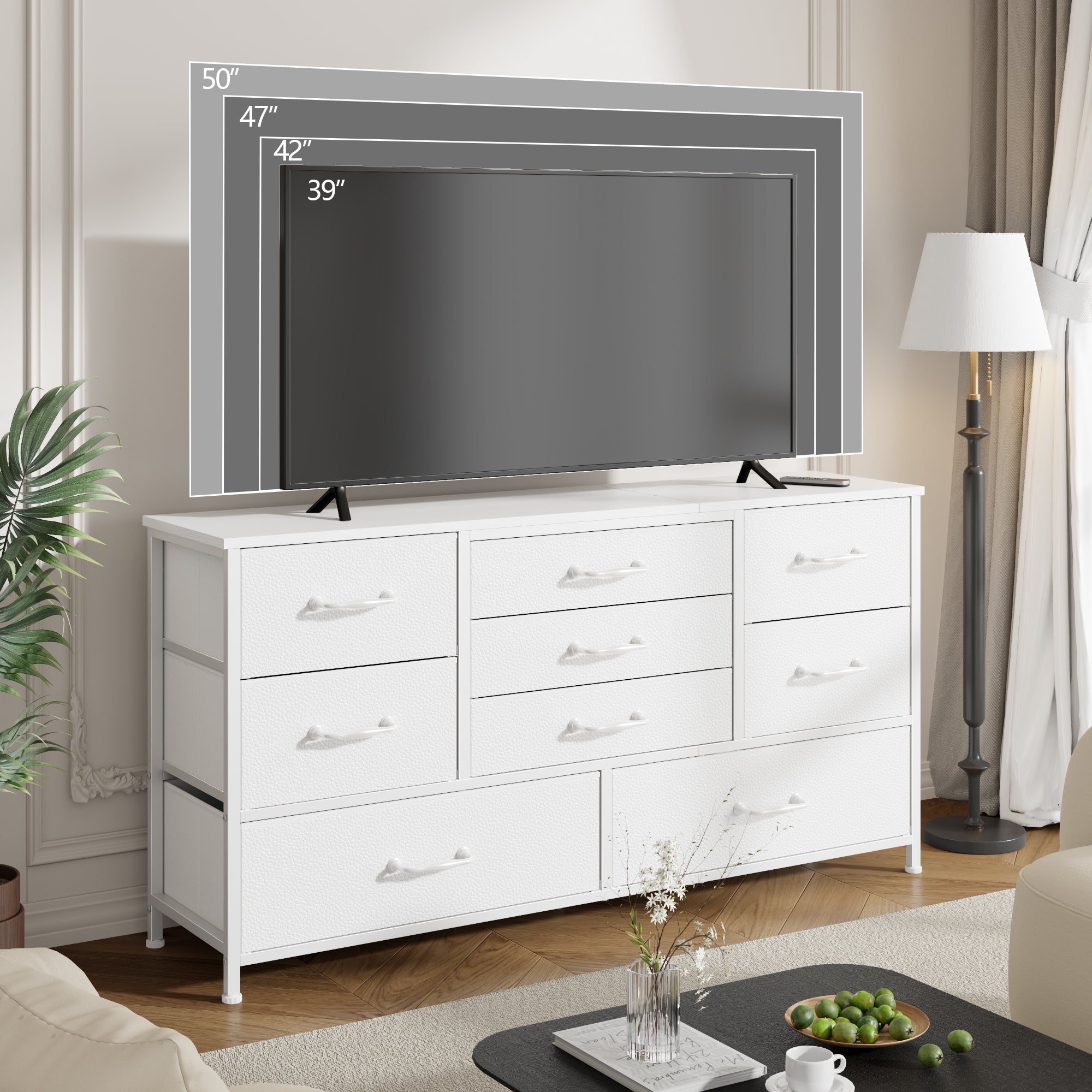 Modern White 9 Drawer Dresser Storage Chest of Drawers Wood Top Fabric Organizer Cabinet Large Bedroom Entryway 45 Inch TV Stand Console