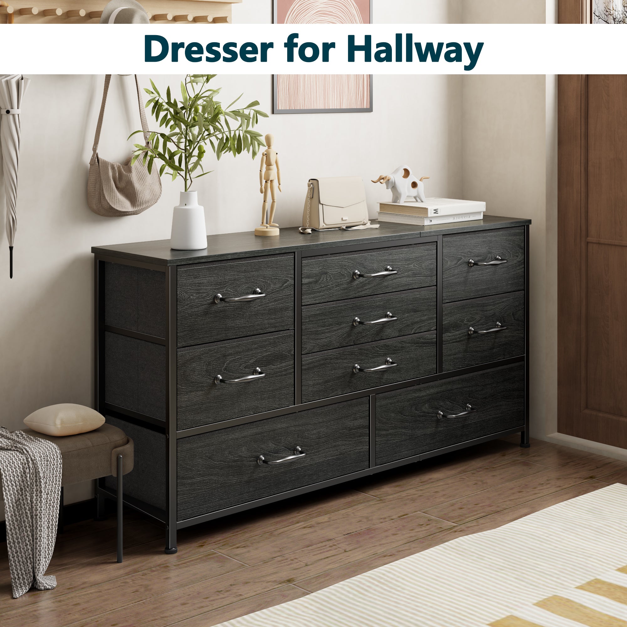 45''W Dresser for Bedroom Black Dresser TV Stand for 42-47-50 inch TV Wide Chest of Drawers with 9 Drawer Large Fabric Dressers with Wood Top