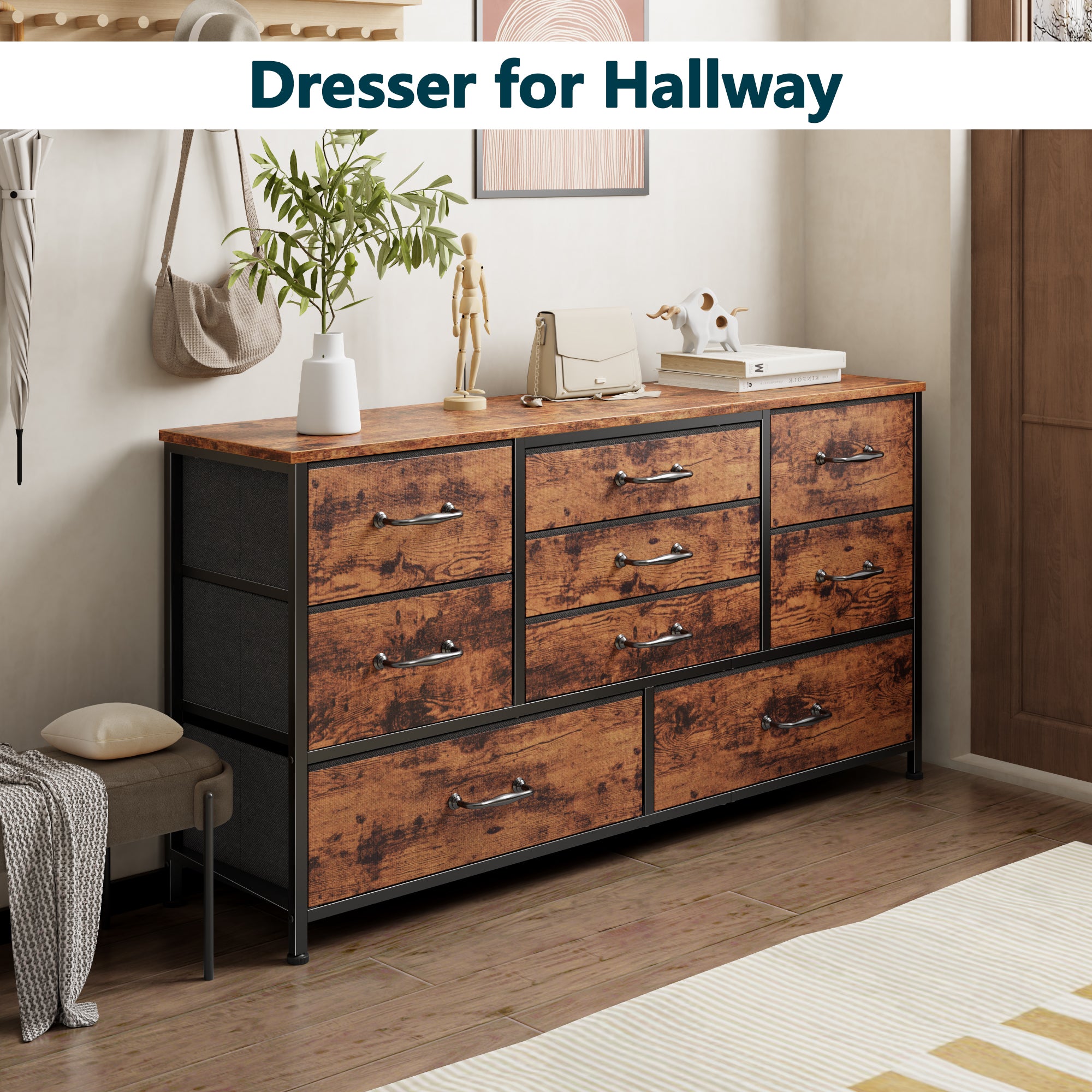 Industrial Rustic Brown 9 Drawer Dresser Wide Fabric Storage Chest Wood Top Bedroom Furniture Media Console TV Stand 45 Inch Organizer