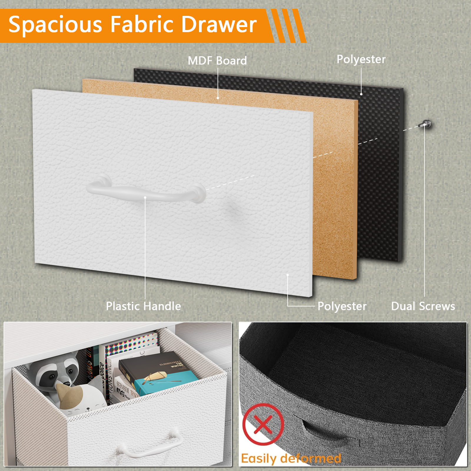 Wide White 8 Drawer Dresser Fabric Storage Chest of Drawers Charging Station Open Shelf Bedroom Nursery Furniture Media Console TV Stand