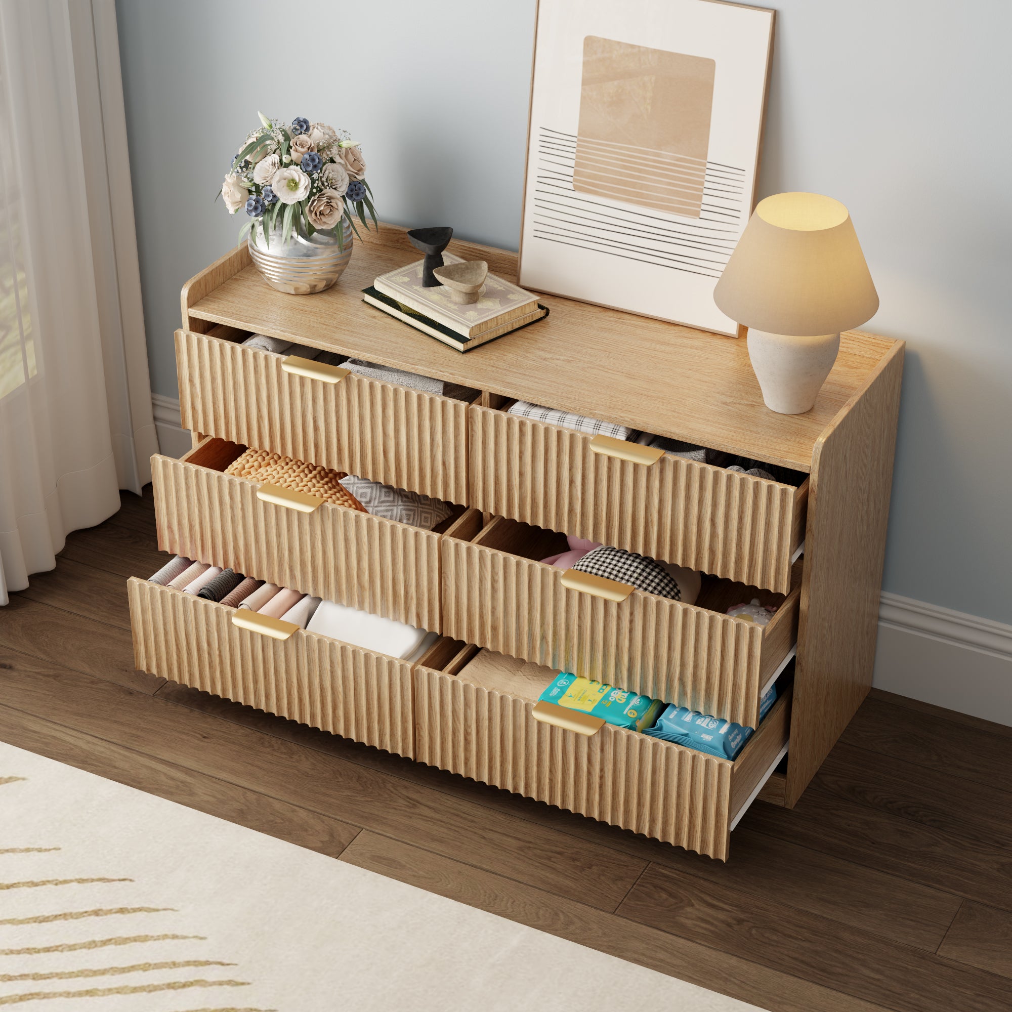 Modern 6 Drawer Double Dresser Wide Wood Storage Chest Bedroom Furniture Nursery Kids Clothing Organizer Cabinet Anti Tip Safety