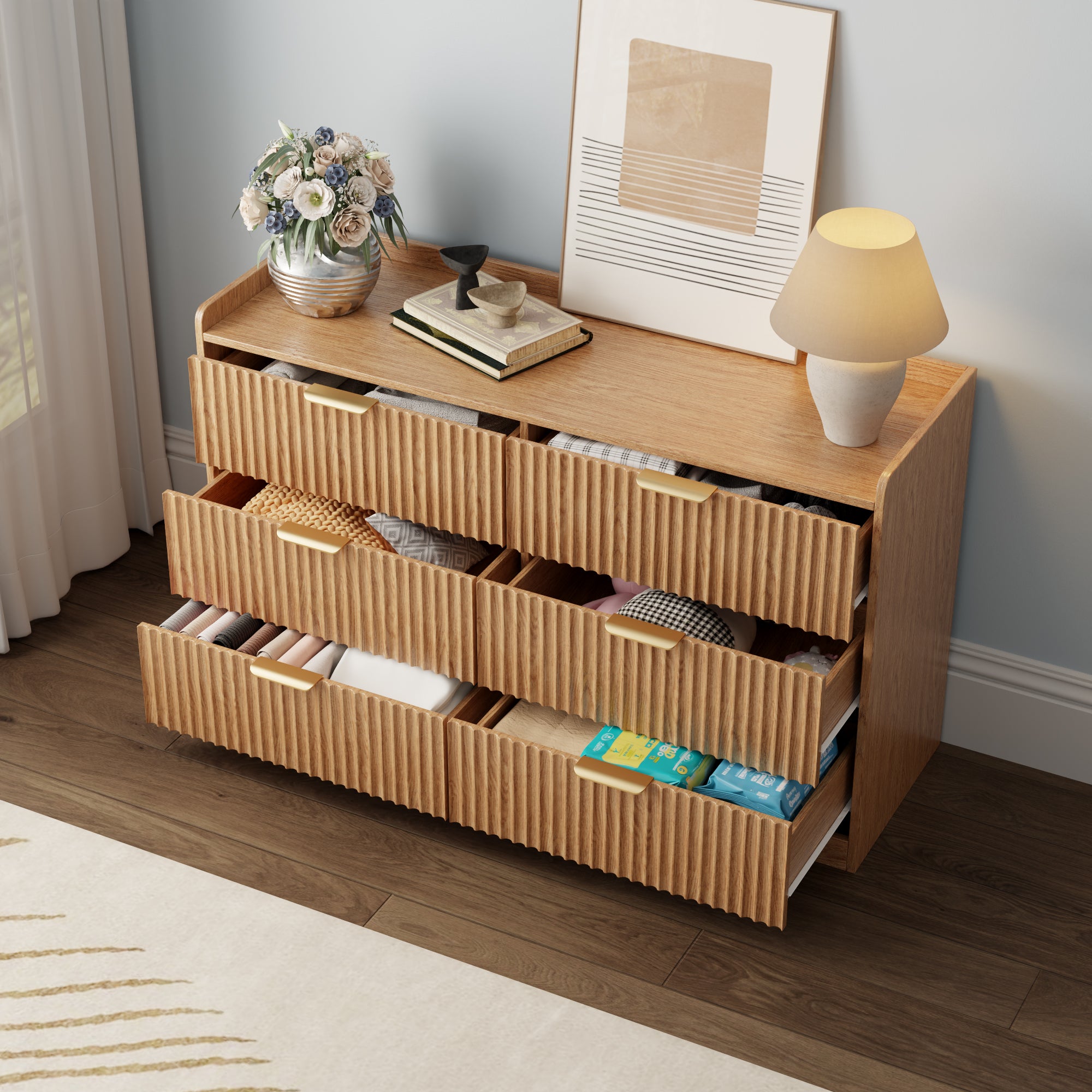 Furnulem Dressers for Bedroom 6 Drawers Wide Chest of Drawers Storage Organizer Wooden Cabinet with Anti-Tip Safety for Living Room Hallway entryway