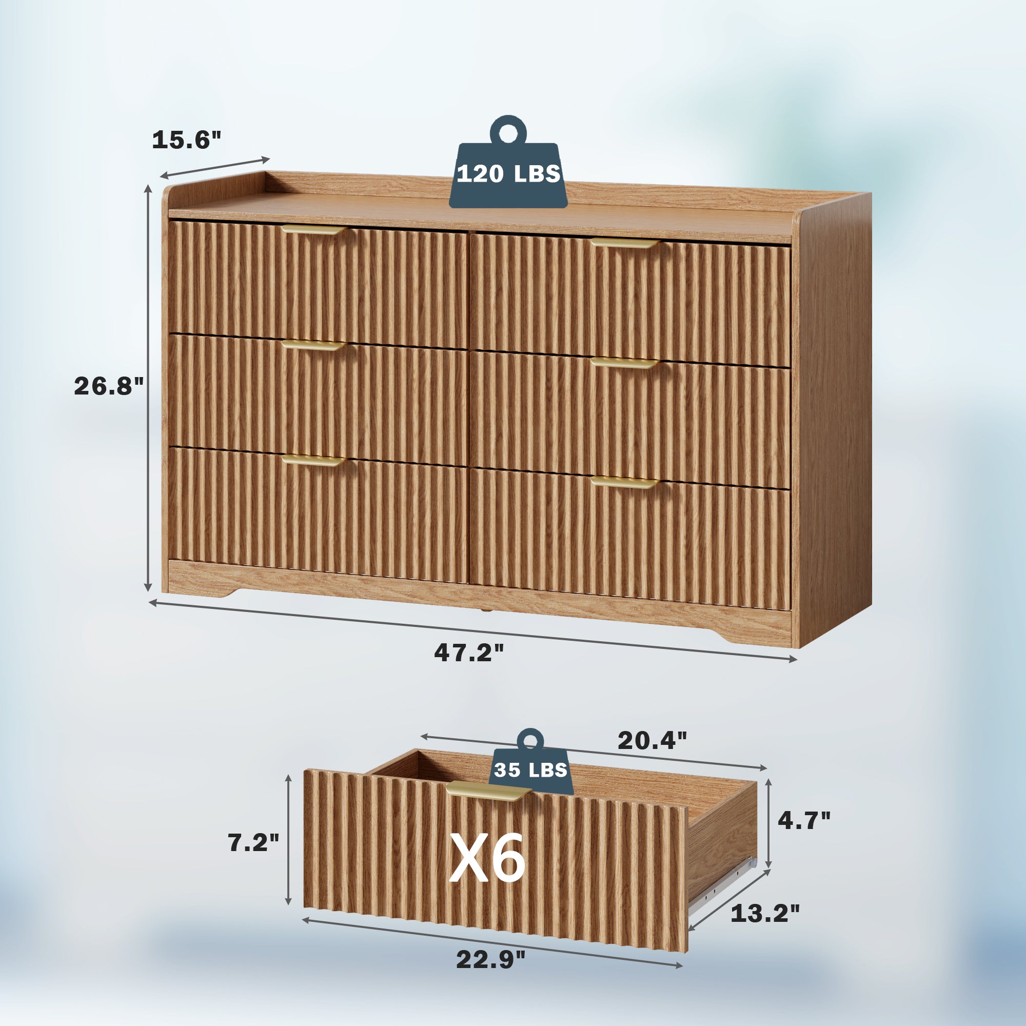 Dressers for Bedroom 6 Drawers Wide Chest of Drawers Storage Organizer Wooden Cabinet with Anti-Tip Safety for Living Room Hallway entryway study