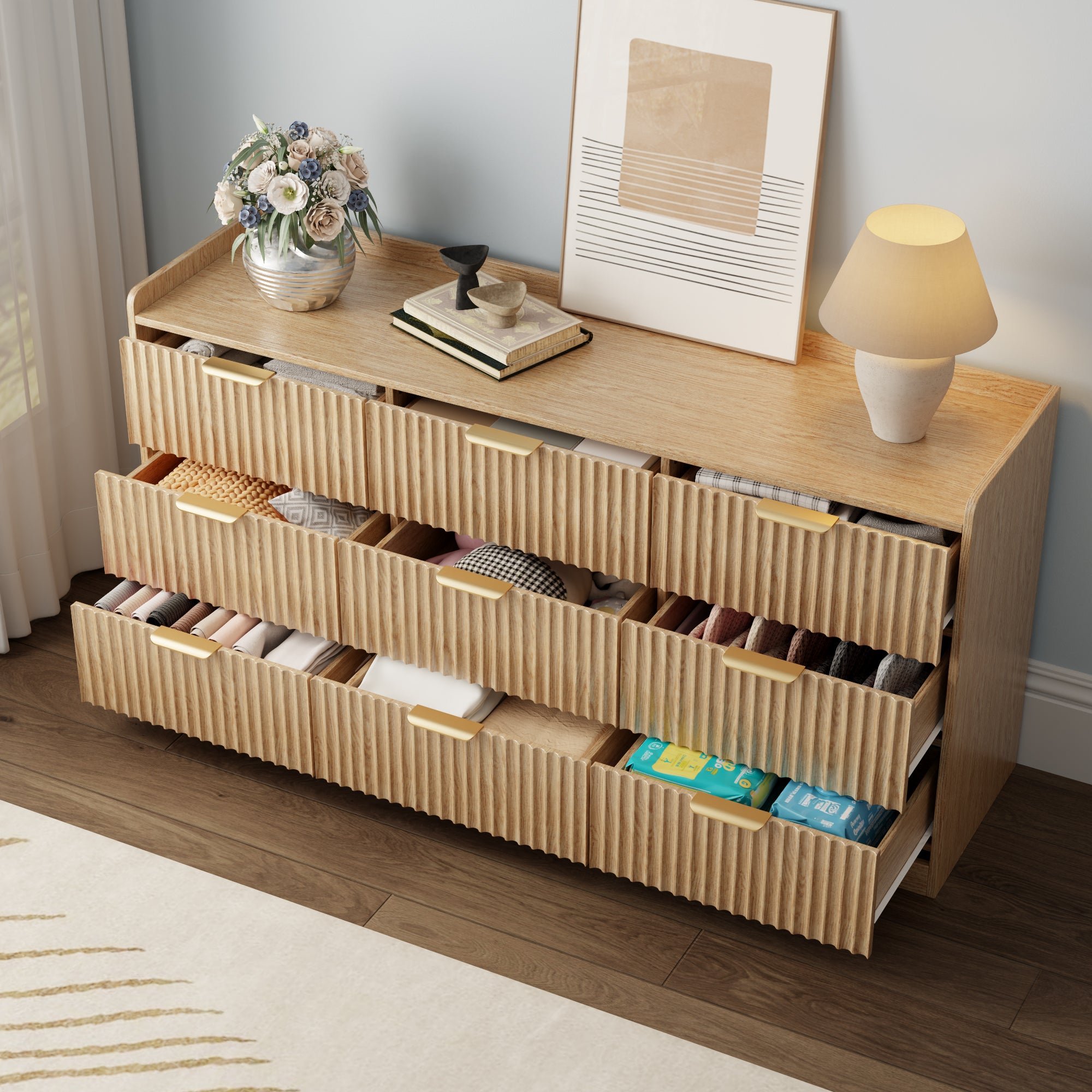 Dressers for Bedroom 9 Drawers Wide Chest of Drawers Storage Organizer Wooden Cabinet with Anti-Tip Safety for Living Room Hallway entryway study