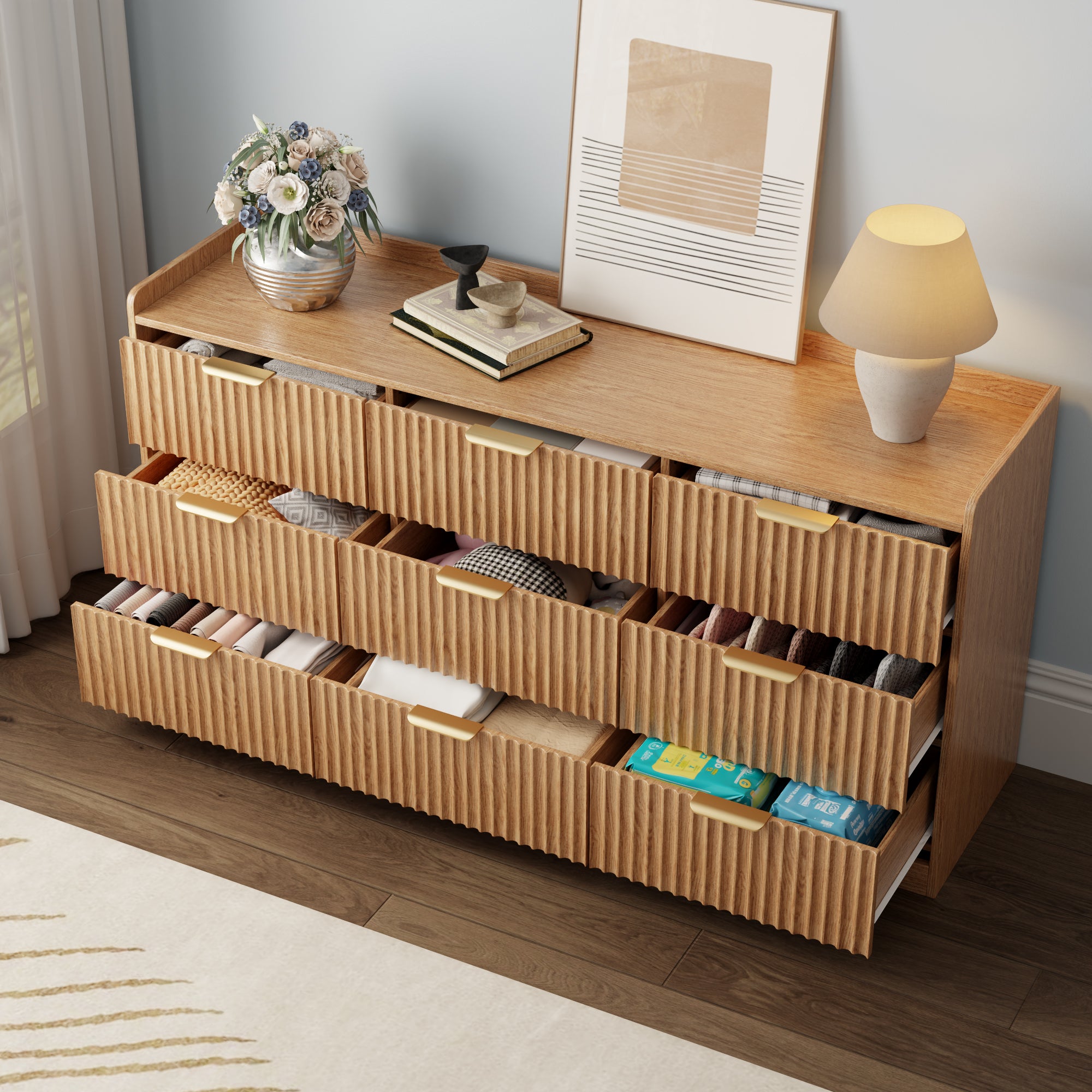 Modern 9 Drawer Dresser Wide Wood Storage Chest of Drawers Bedroom Furniture Nursery Large Clothing Organizer Cabinet Anti Tip Safety