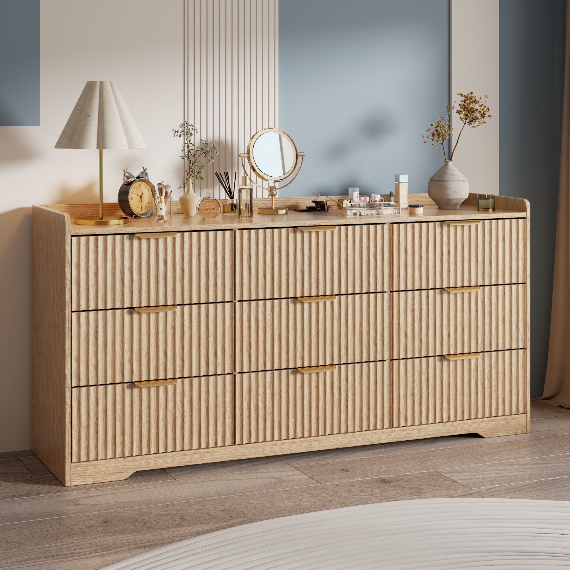 Furnulem Dressers for Bedroom 9 Drawers Wide Chest of Drawers Storage Organizer Wooden Cabinet with Anti-Tip Safety for Living Room Hallway entryway