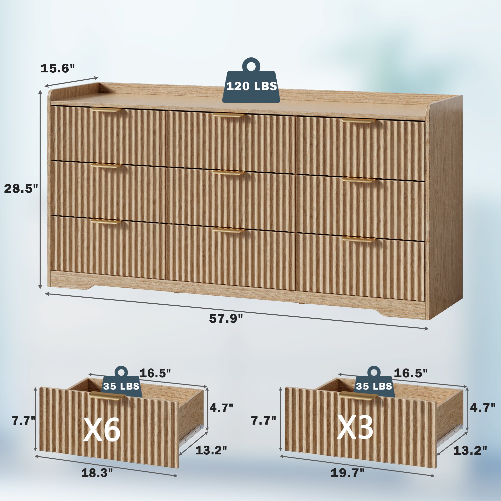 Furnulem Dressers for Bedroom 9 Drawers Wide Chest of Drawers Storage Organizer Wooden Cabinet with Anti-Tip Safety for Living Room Hallway entryway