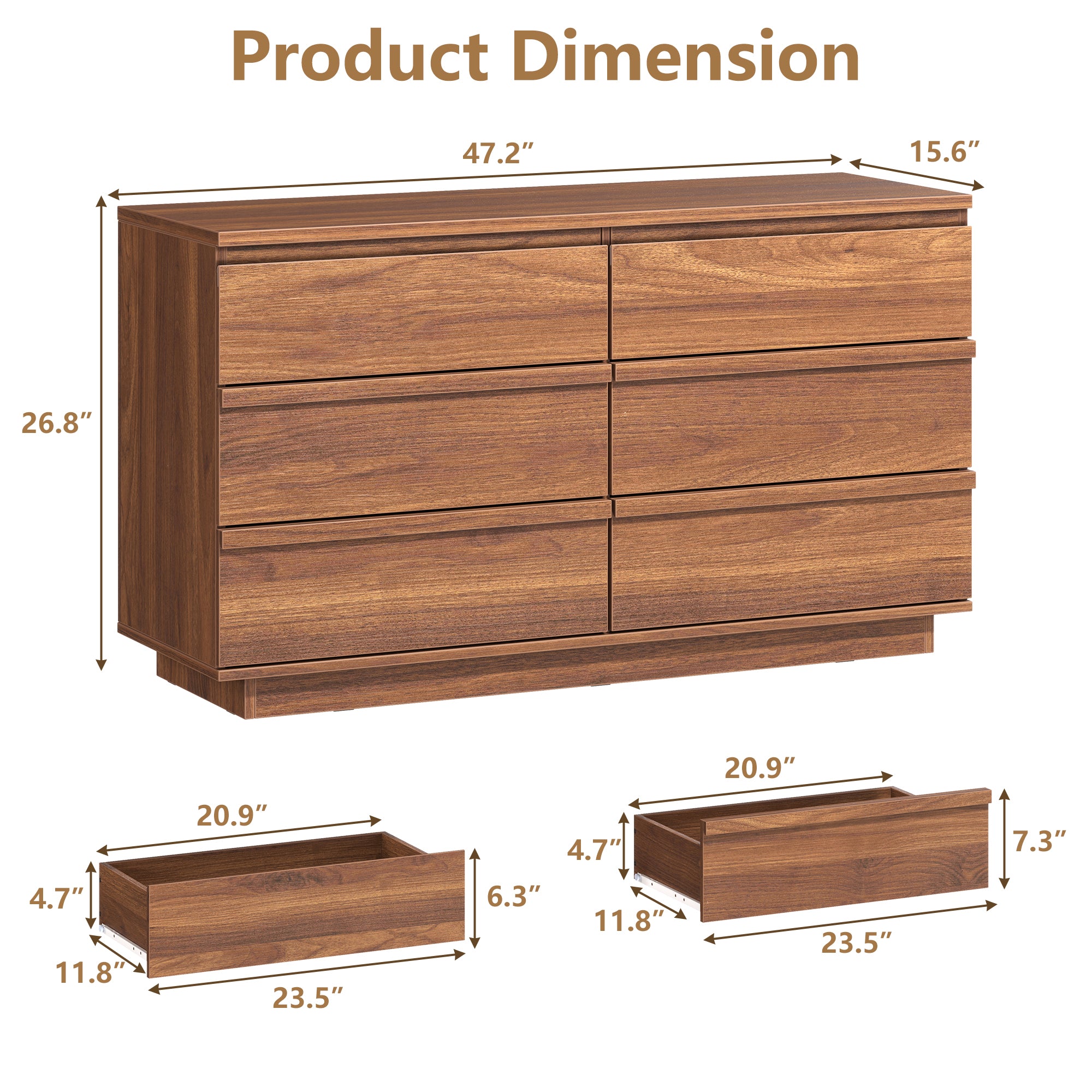 Qwatto 47 Inch Modern 6 Drawer Dresser Wide Wood Chest of Drawers Bedroom Storage Cabinet Organizer with Deep Drawers Living Room Hallway Furniture