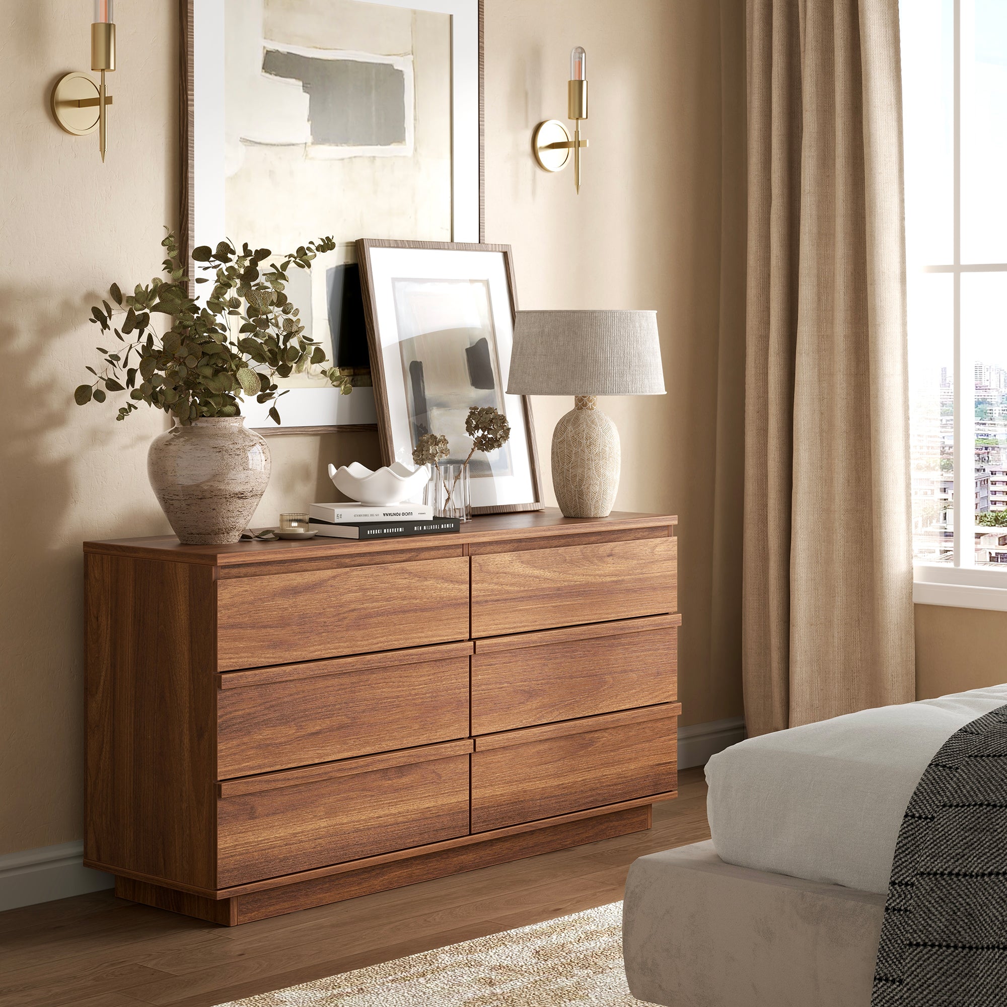 Qwatto 47 Inch Modern 6 Drawer Dresser Wide Wood Chest of Drawers Bedroom Storage Cabinet Organizer with Deep Drawers Living Room Hallway Furniture