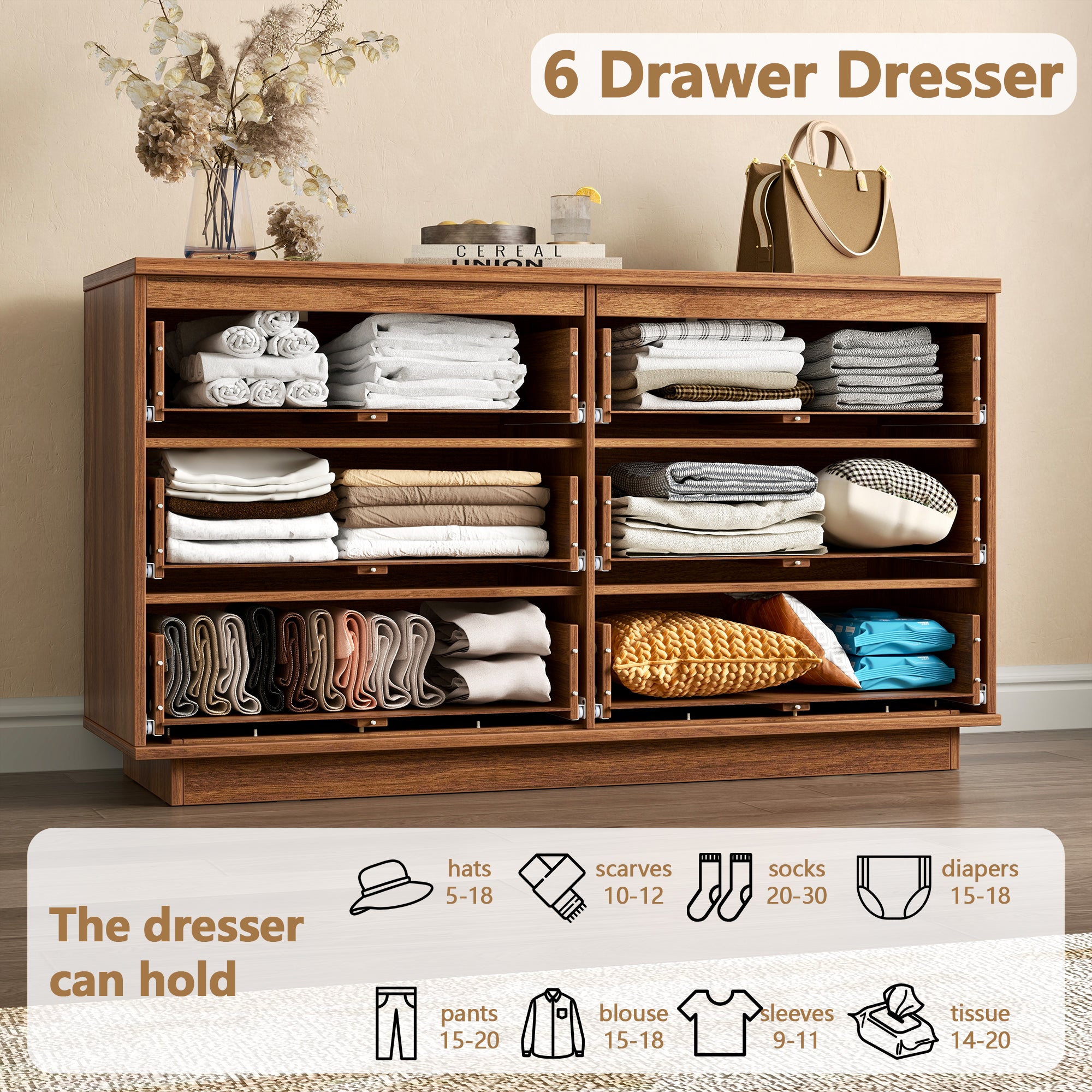 Qwatto 47 Inch Modern 6 Drawer Dresser Wide Wood Chest of Drawers Bedroom Storage Cabinet Organizer with Deep Drawers Living Room Hallway Furniture