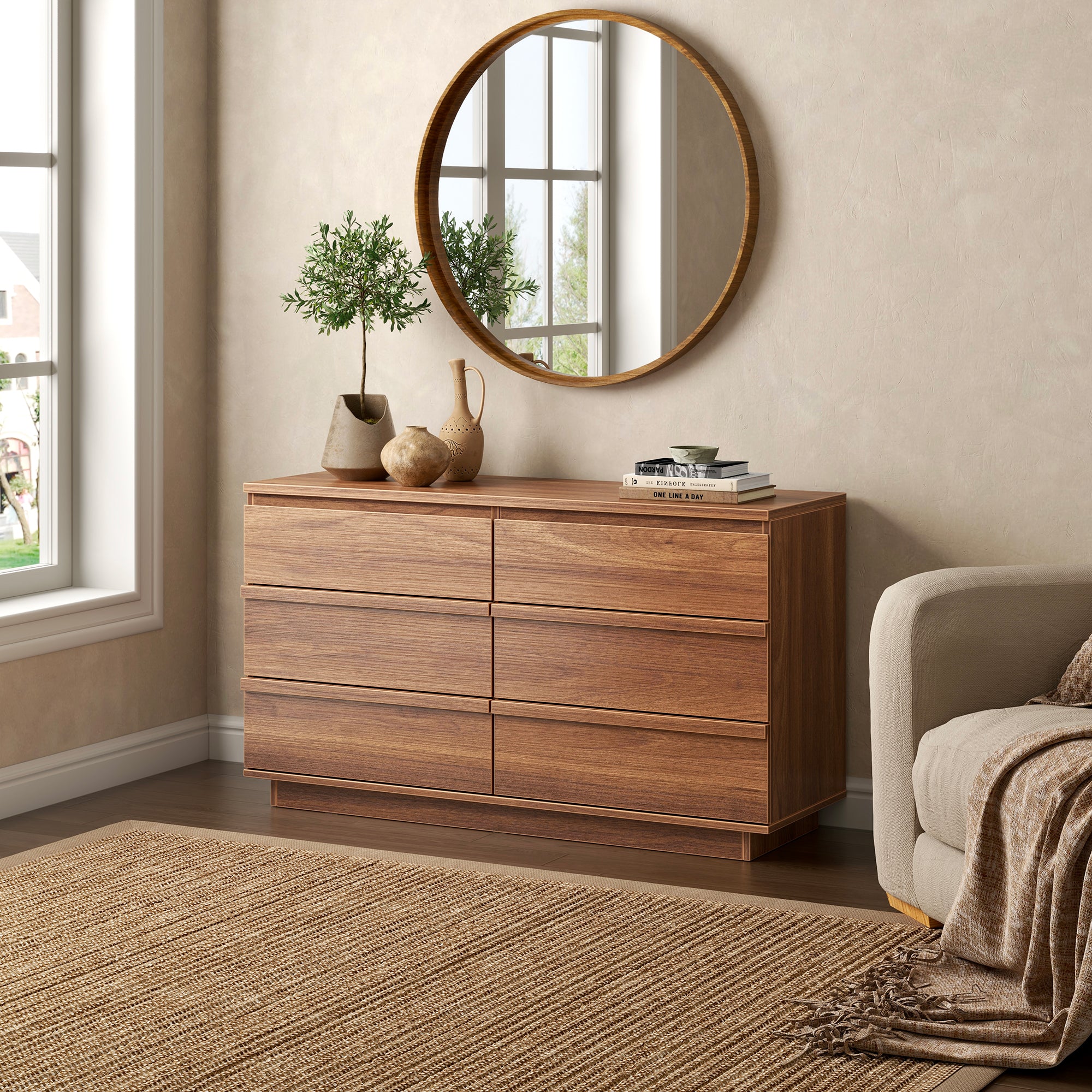 Qwatto 47 Inch Modern 6 Drawer Dresser Wide Wood Chest of Drawers Bedroom Storage Cabinet Organizer with Deep Drawers Living Room Hallway Furniture