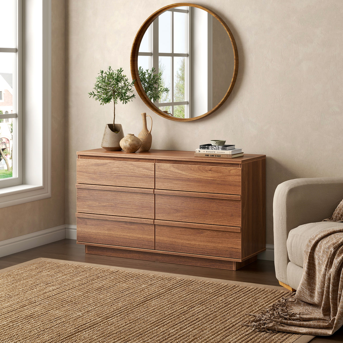 Qwatto 6 Drawer Dresser Mid Century Modern Wood Chest of Drawers Geometric Relief Storage Organizer for Bedroom Entryway Cherry Finish Anti-Tipping