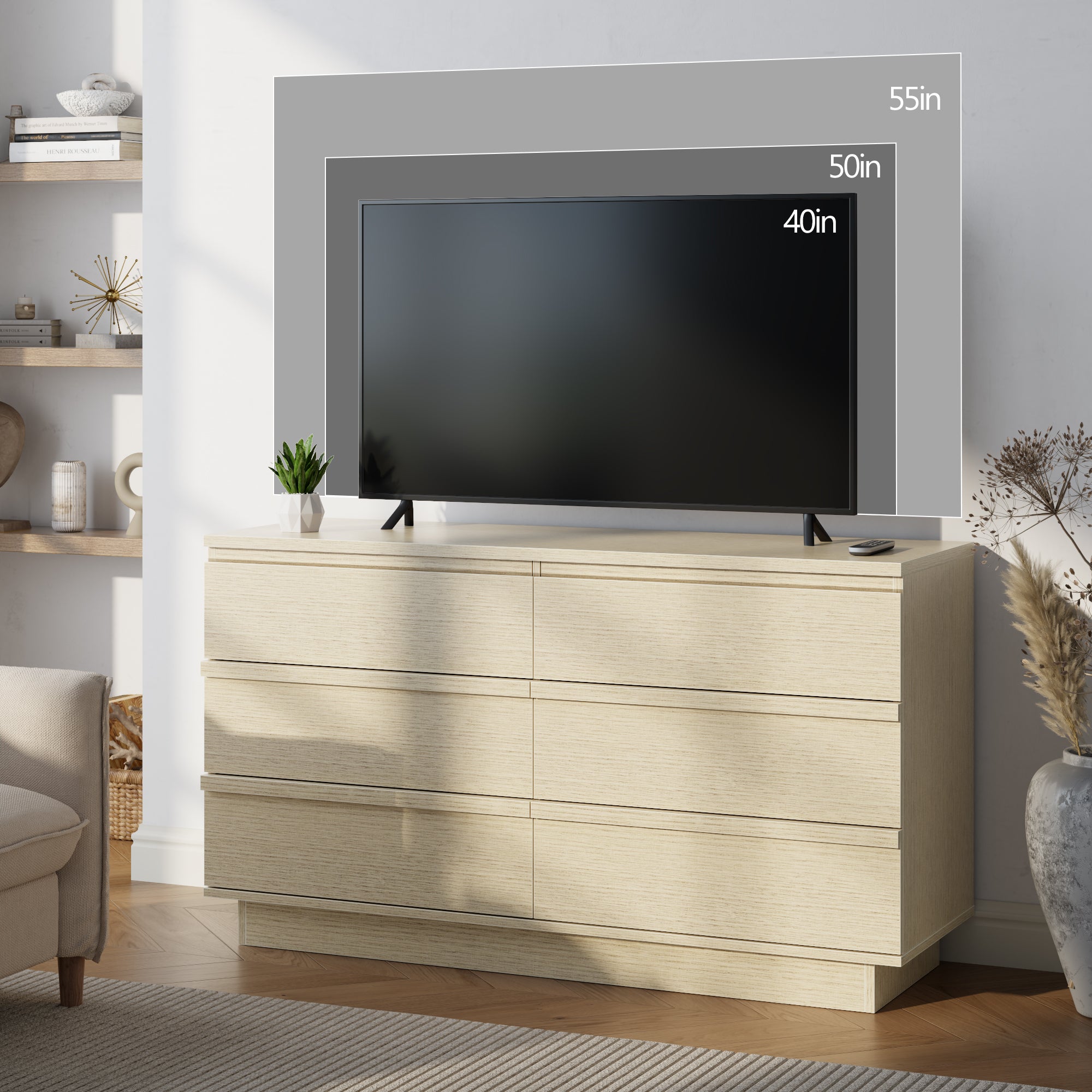Qwatto 6 Drawer Double Dresser Modern Chest of Drawers Wide Bedroom Storage Organizer Cabinet with Deep Drawers for Living Room Closet Natural Beech