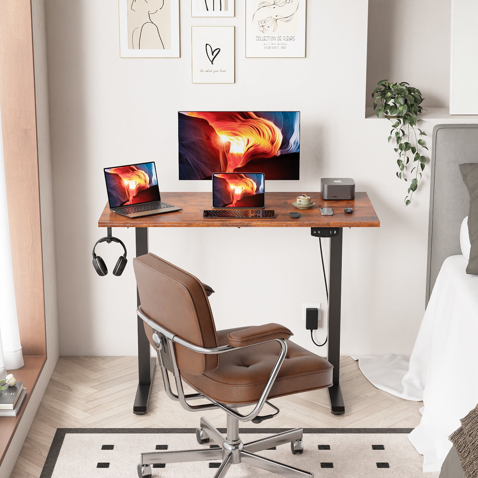 40 Inch Electric Standing Desk Adjustable Height Sit to Stand PC Desktop Workstation with Storage Bag Memory Presets Home Office Gaming Rustic Brown