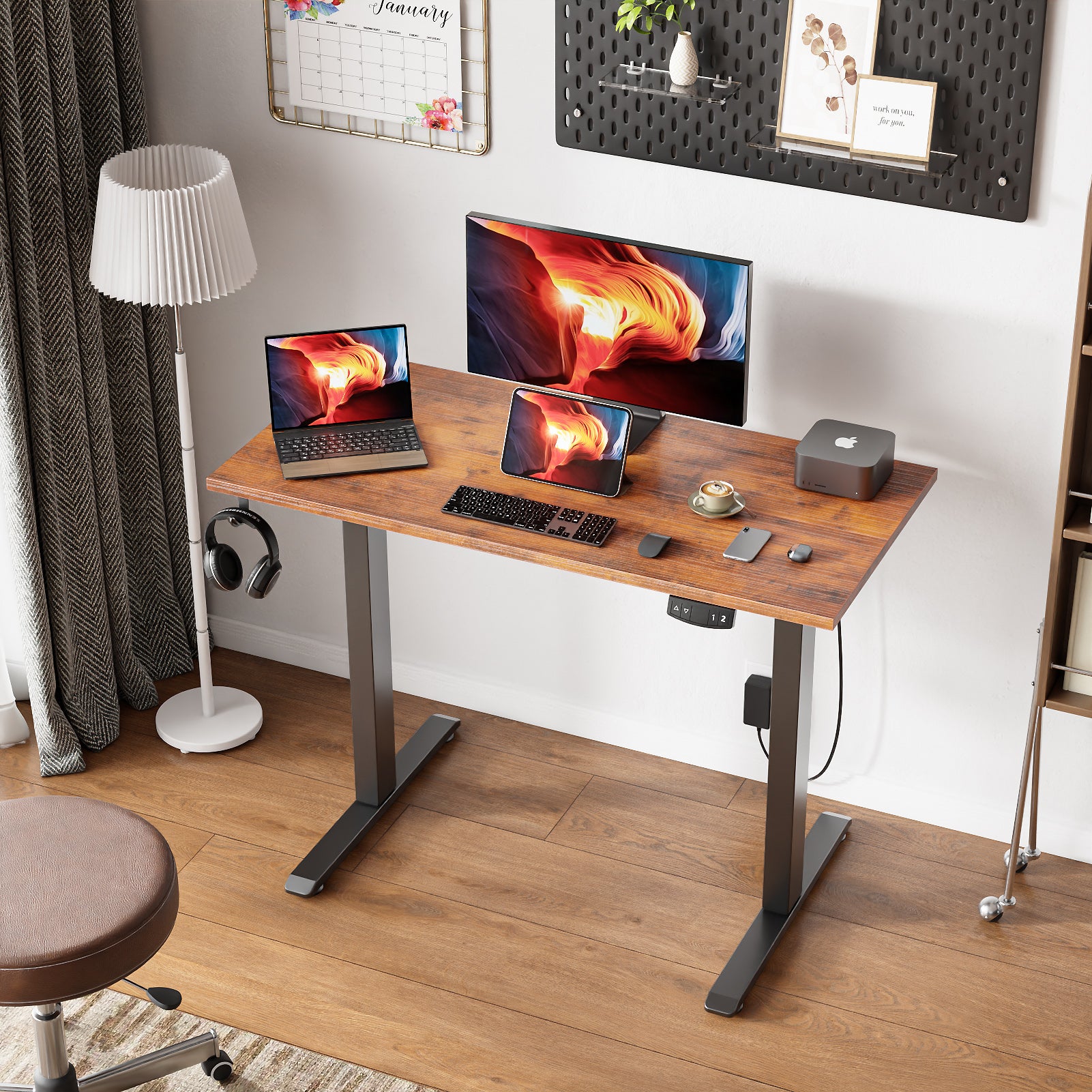 40 Inch Electric Standing Desk Adjustable Height Sit to Stand PC Desktop Workstation with Storage Bag Memory Presets Home Office Gaming Rustic Brown