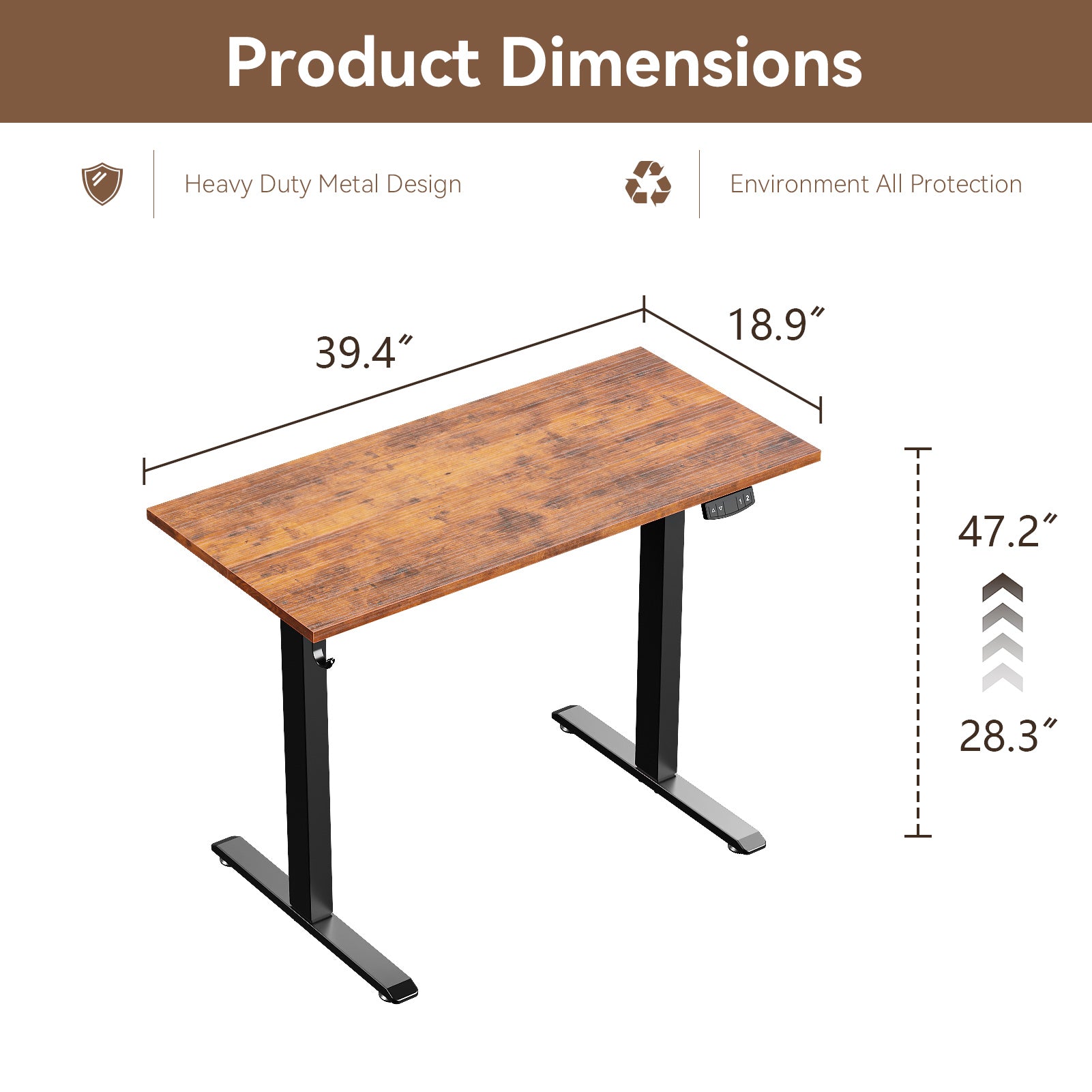 40 Inch Electric Standing Desk Adjustable Height Sit to Stand PC Desktop Workstation with Storage Bag Memory Presets Home Office Gaming Rustic Brown