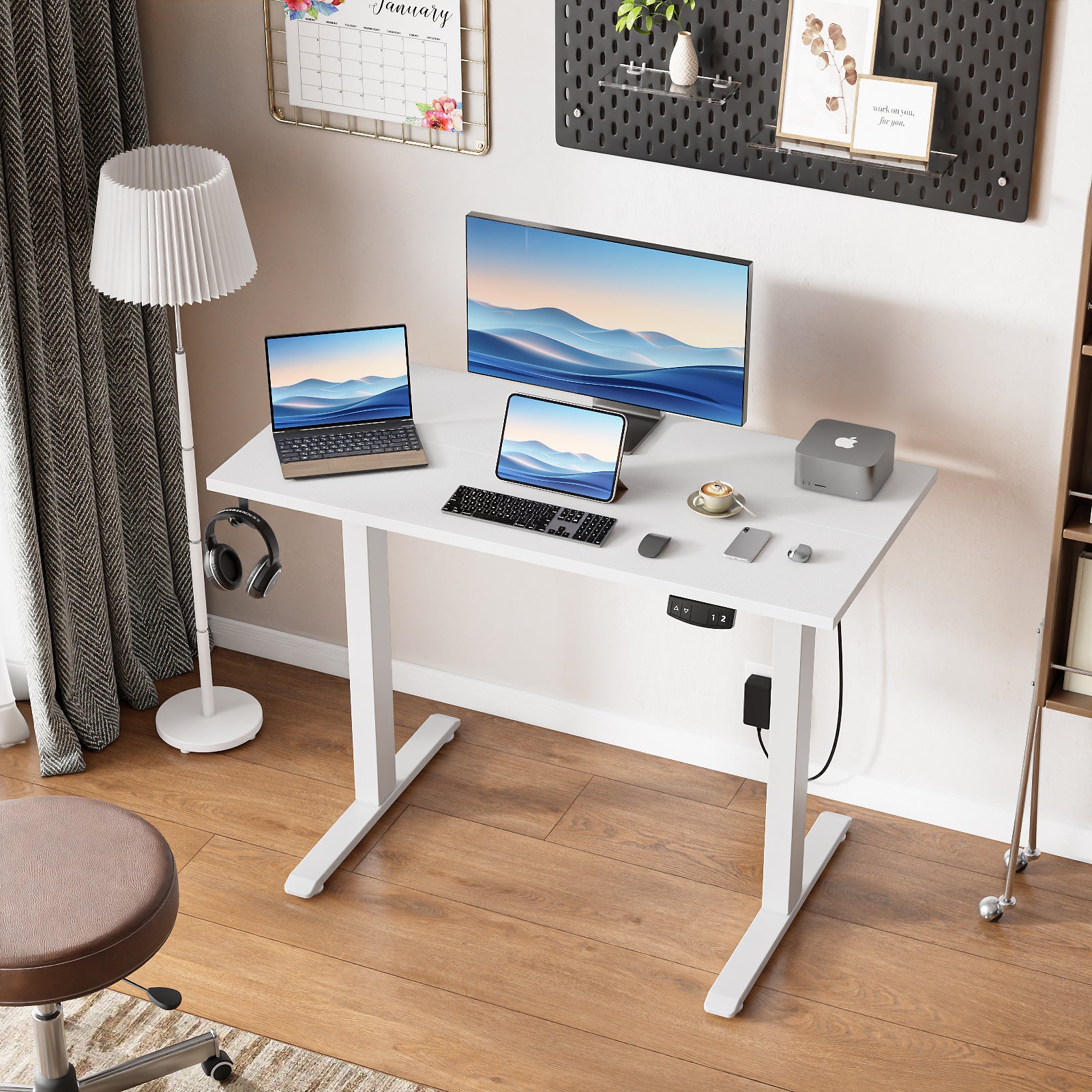 40 inch Electric Standing Desk Height Adjustable Sit to Stand Motorized Small Computer Desk for Home Office Gaming with Memory Presets Storage Bag White