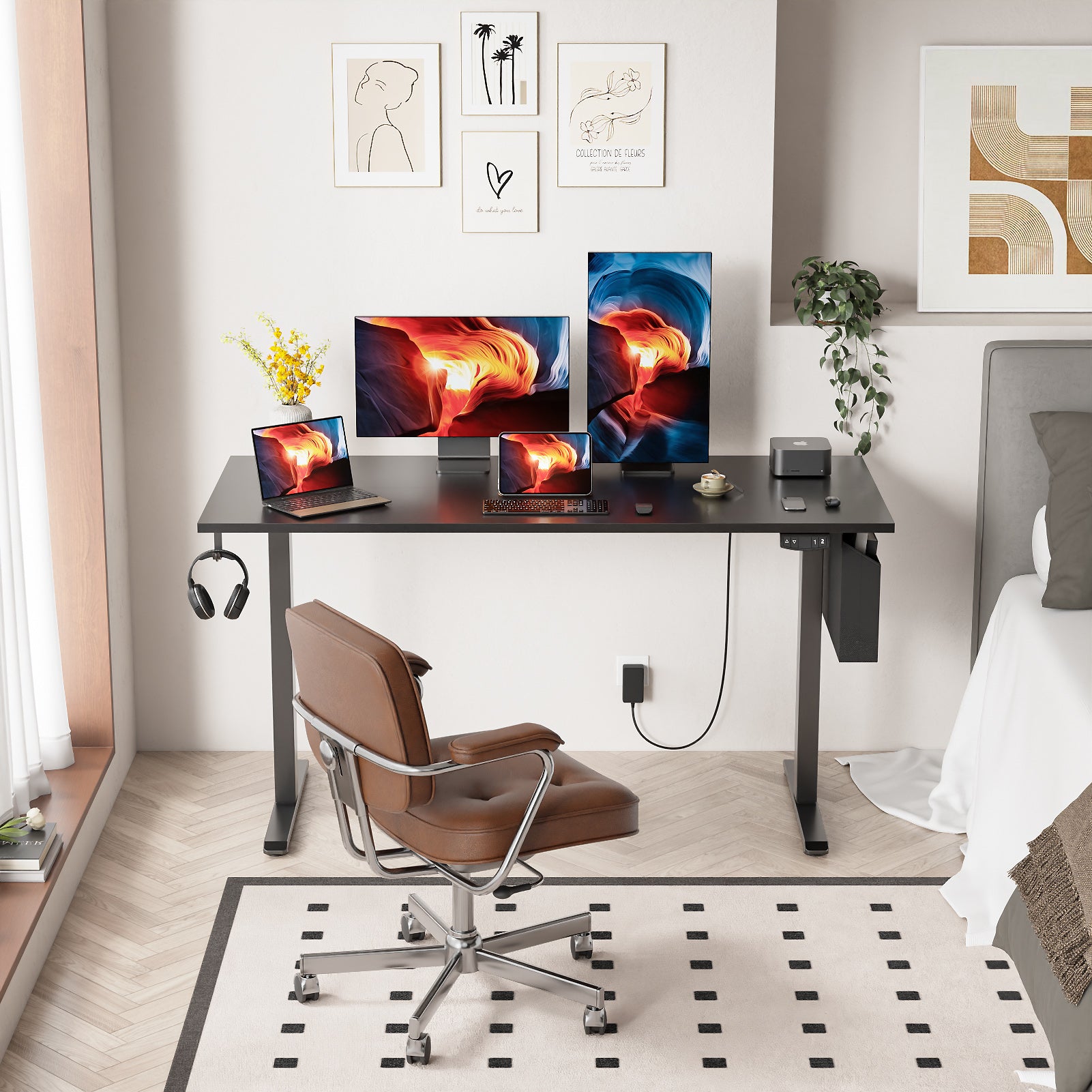 Sit to Stand Electric Standing Desk 55 Inch Black Height Adjustable Computer Table Memory Presets Storage Bag Ergonomic Home Office PC Gaming Desk