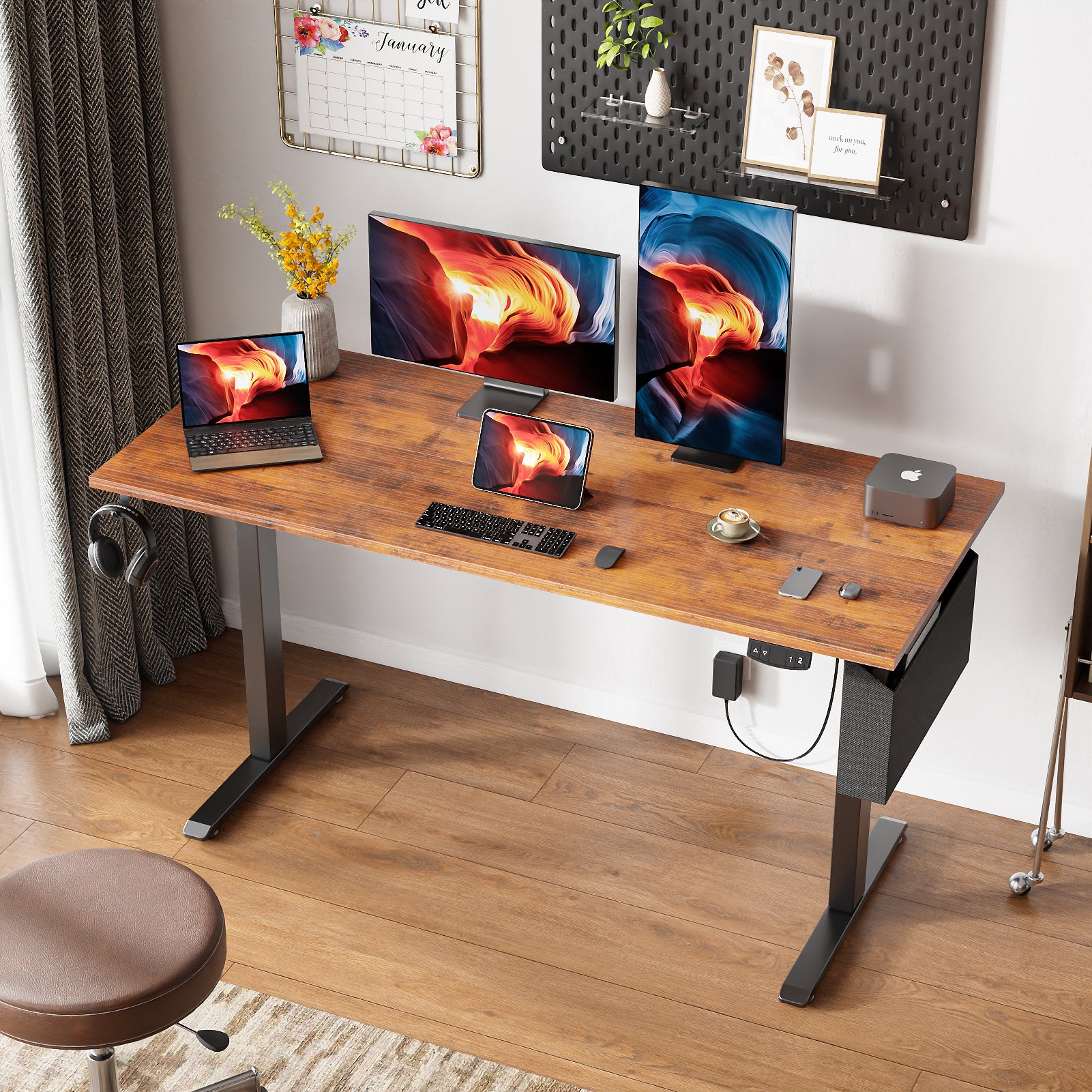 Brown 55 Inch Electric Standing Desk Height Adjustable Computer Table Sit Stand Gaming Desk Home Office Workstation with Memory Presets Storage Bag