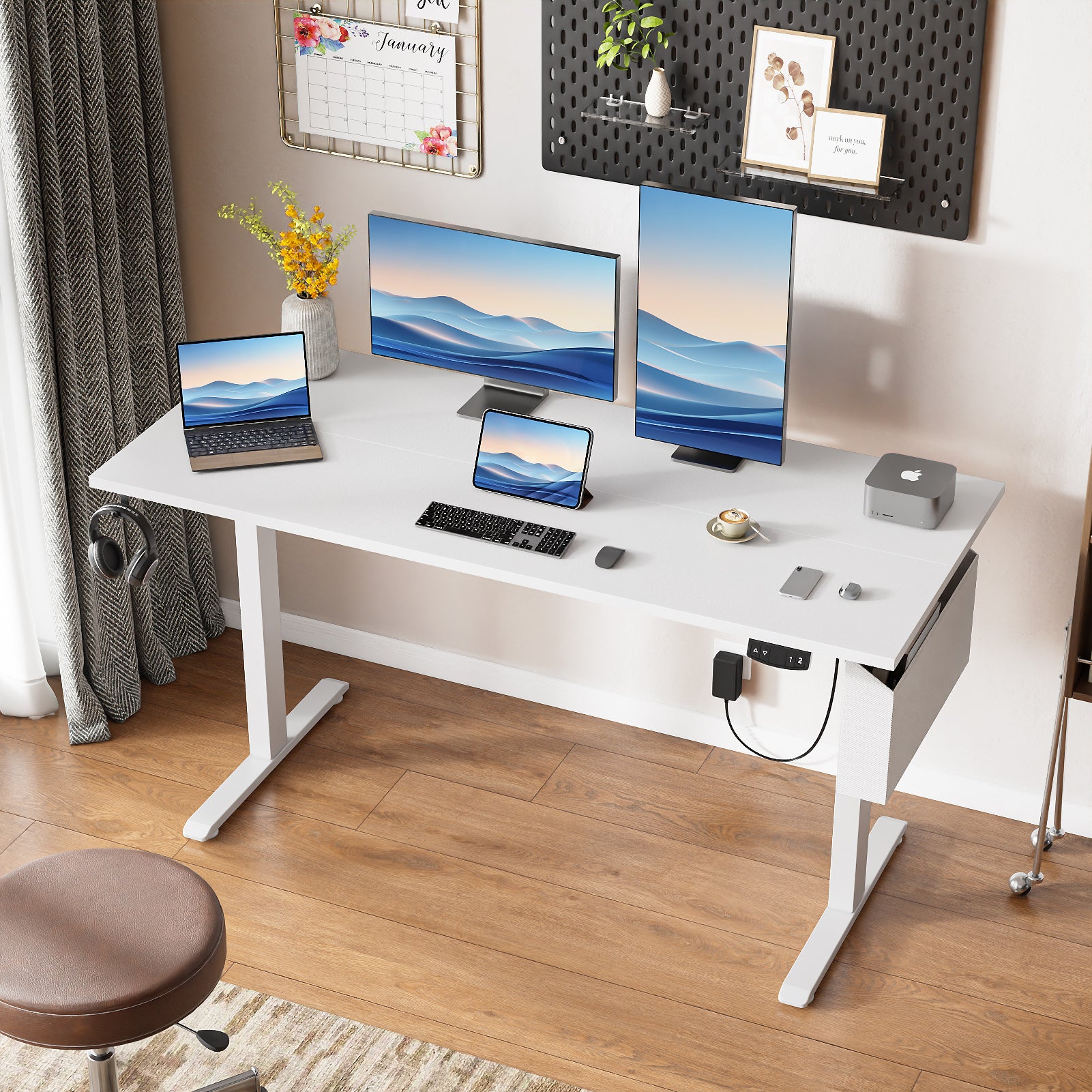 Electric Height Adjustable Standing Desk Sit to Stand Computer Desk with Storage Bag Memory Presets Ergonomic Home Office Workstation 55 Inch White