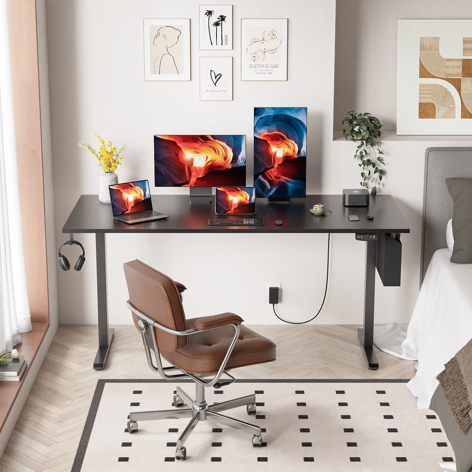Electric Height Adjustable Standing Desk Sit to Stand Computer Desk with Storage Bag Memory Presets Ergonomic Home Office Workstation 63 Inch Black