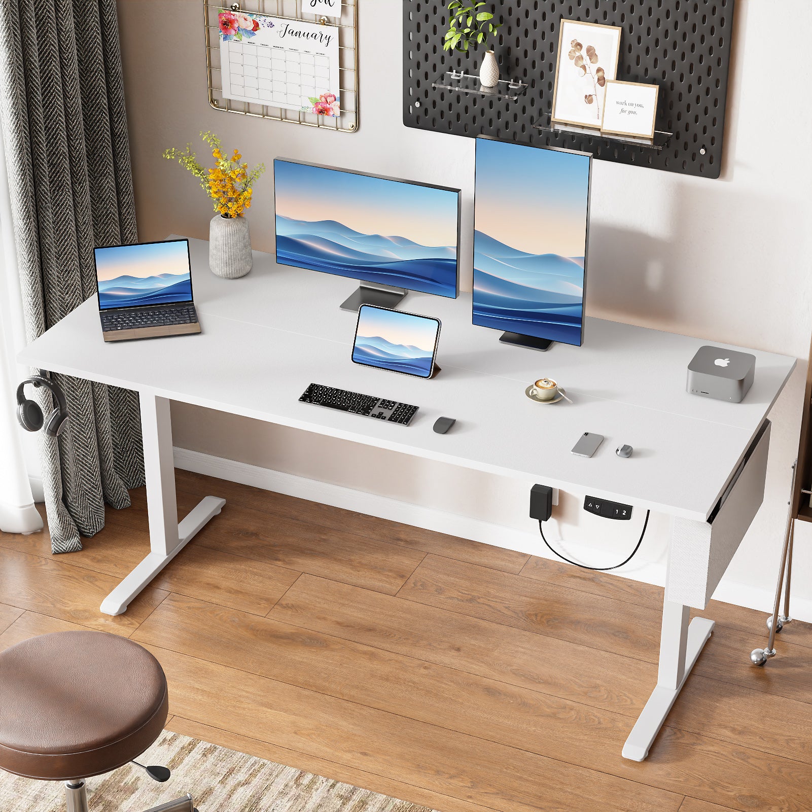 Sit to Stand Electric Standing Desk 63 Inch White Height Adjustable Computer Table Memory Presets Storage Bag Ergonomic Home Office PC Gaming Desk