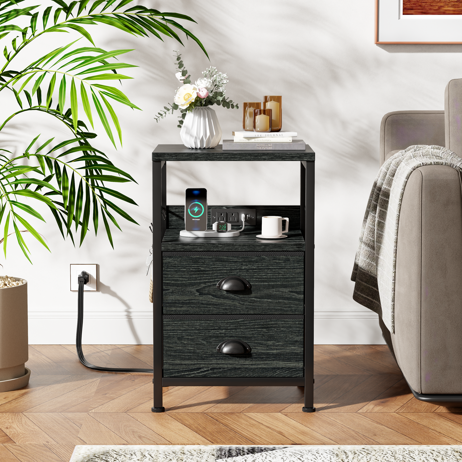 Set of 2 Nightstands with Charging Station and USB Ports Modern Bedside Side Tables with 2 Fabric Drawers and Storage Shelves End Tables Bedroom Black