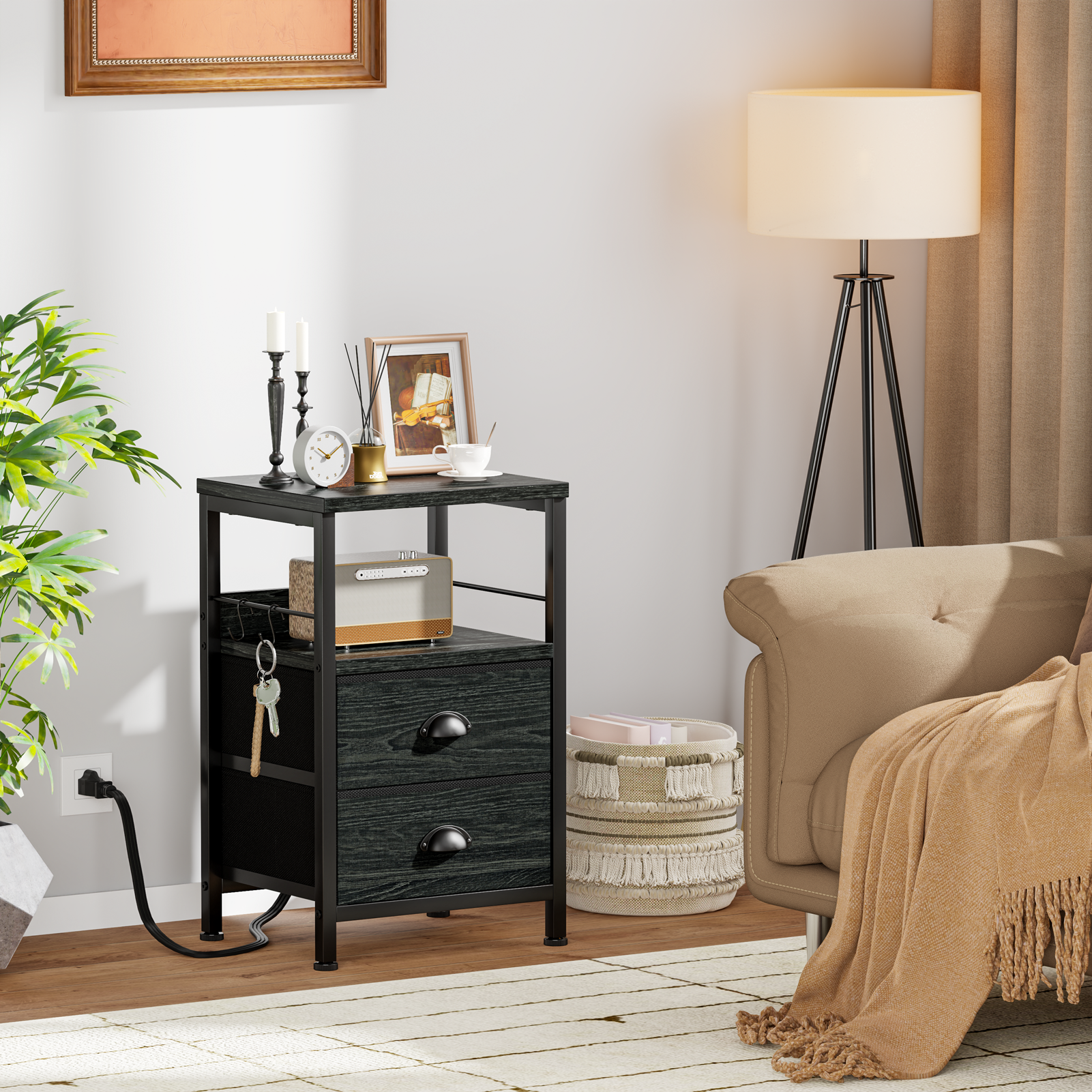 Set of 2 Nightstands with Charging Station and USB Ports Modern Bedside Side Tables with 2 Fabric Drawers and Storage Shelves End Tables Bedroom Black