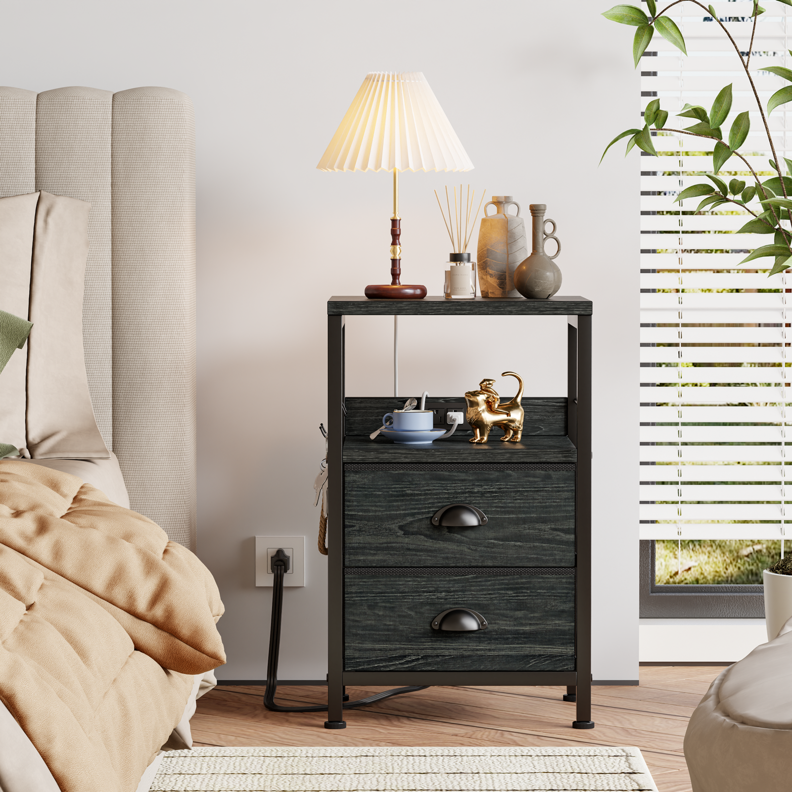 Set of 2 Nightstands with Charging Station and USB Ports Modern Bedside Side Tables with 2 Fabric Drawers and Storage Shelves End Tables Bedroom Black