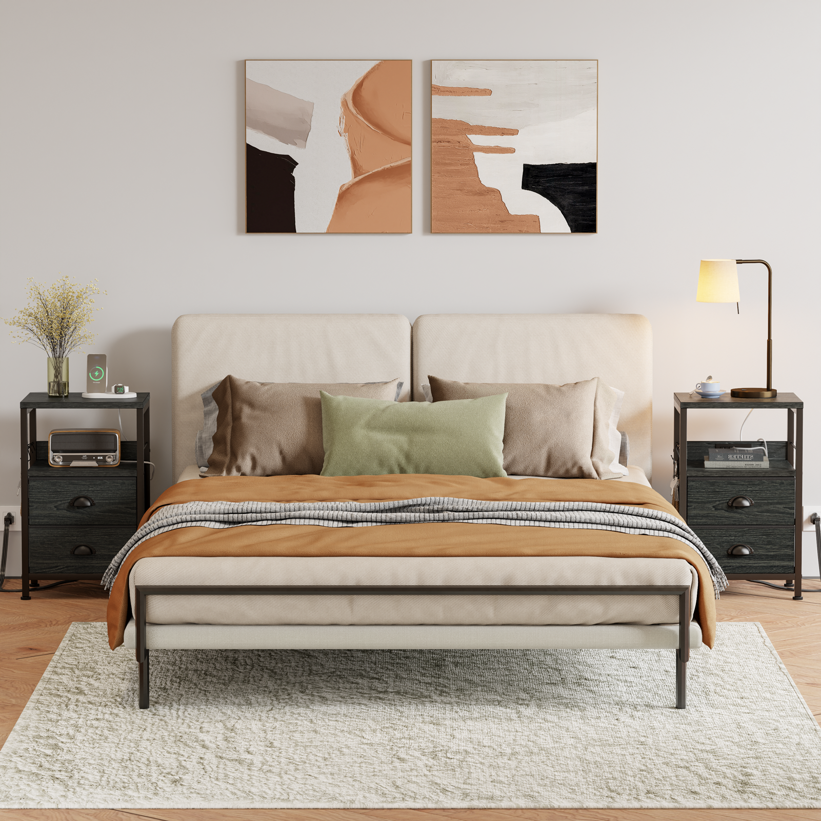 Set of 2 Nightstands with Charging Station and USB Ports Modern Bedside Side Tables with 2 Fabric Drawers and Storage Shelves End Tables Bedroom Black