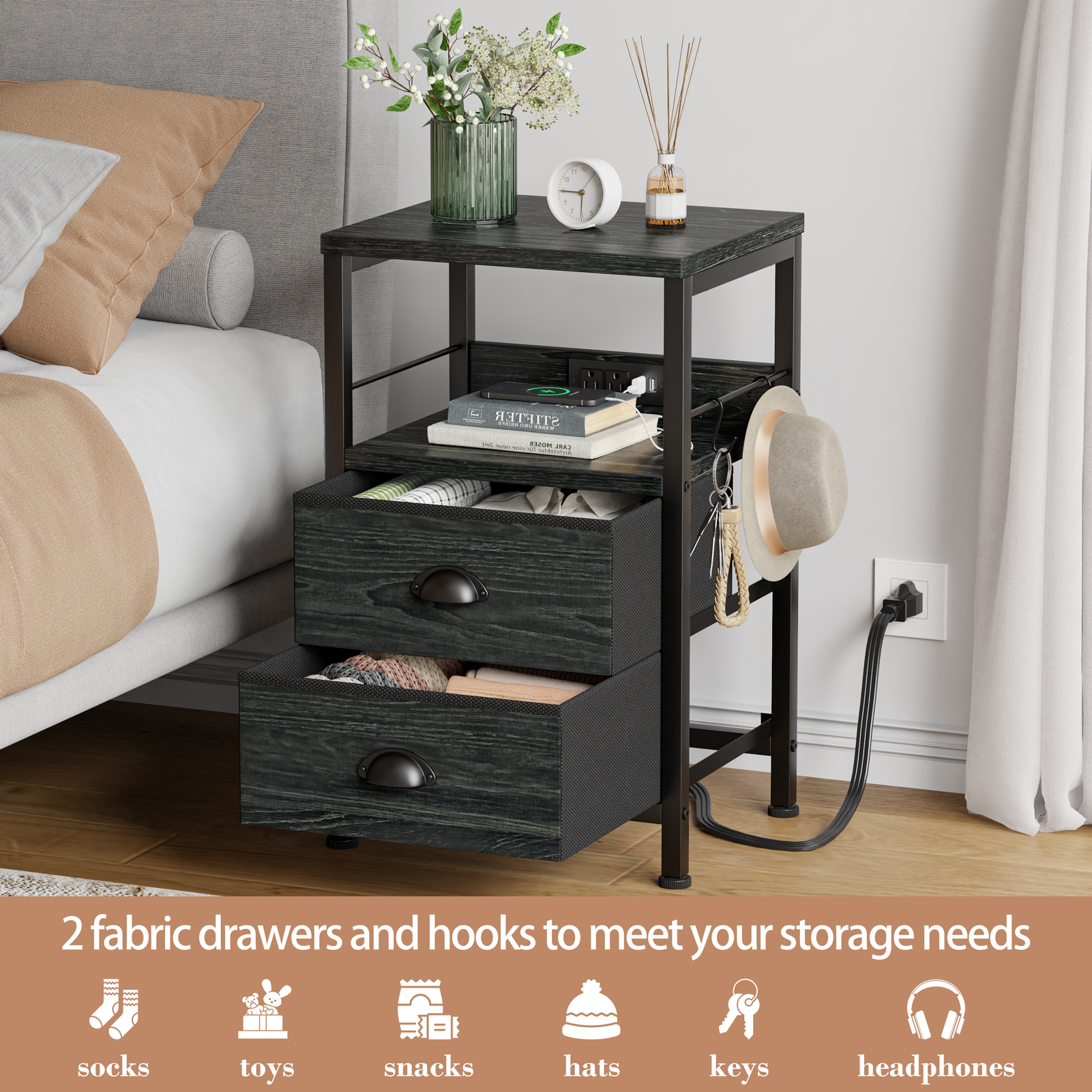 Set of 2 Nightstands with Charging Station and USB Ports Modern Bedside Side Tables with 2 Fabric Drawers and Storage Shelves End Tables Bedroom Black