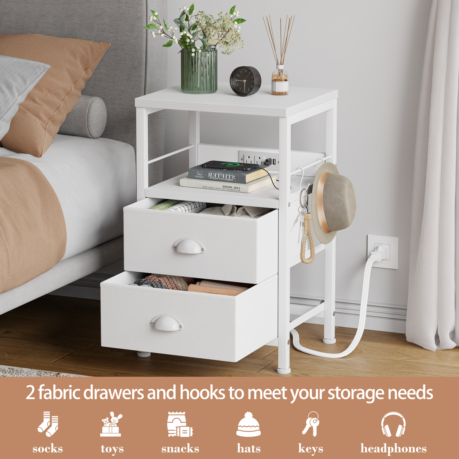 Set of 2 Nightstands with Charging Station and USB Ports Modern Bedside Side Tables with 2 Fabric Drawers and Storage Shelves End Tables Bedroom White