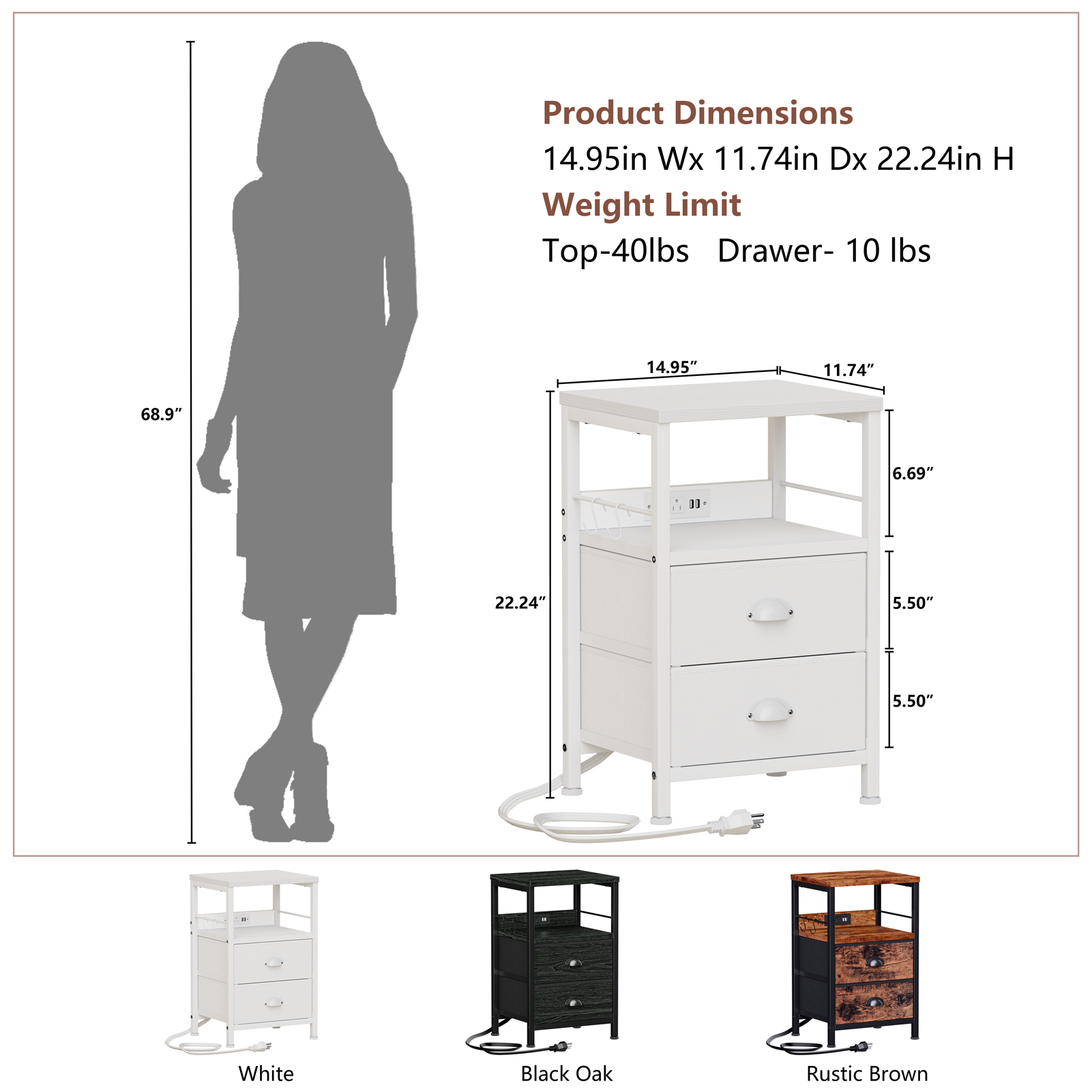 Set of 2 Nightstands with Charging Station and USB Ports Modern Bedside Side Tables with 2 Fabric Drawers and Storage Shelves End Tables Bedroom White
