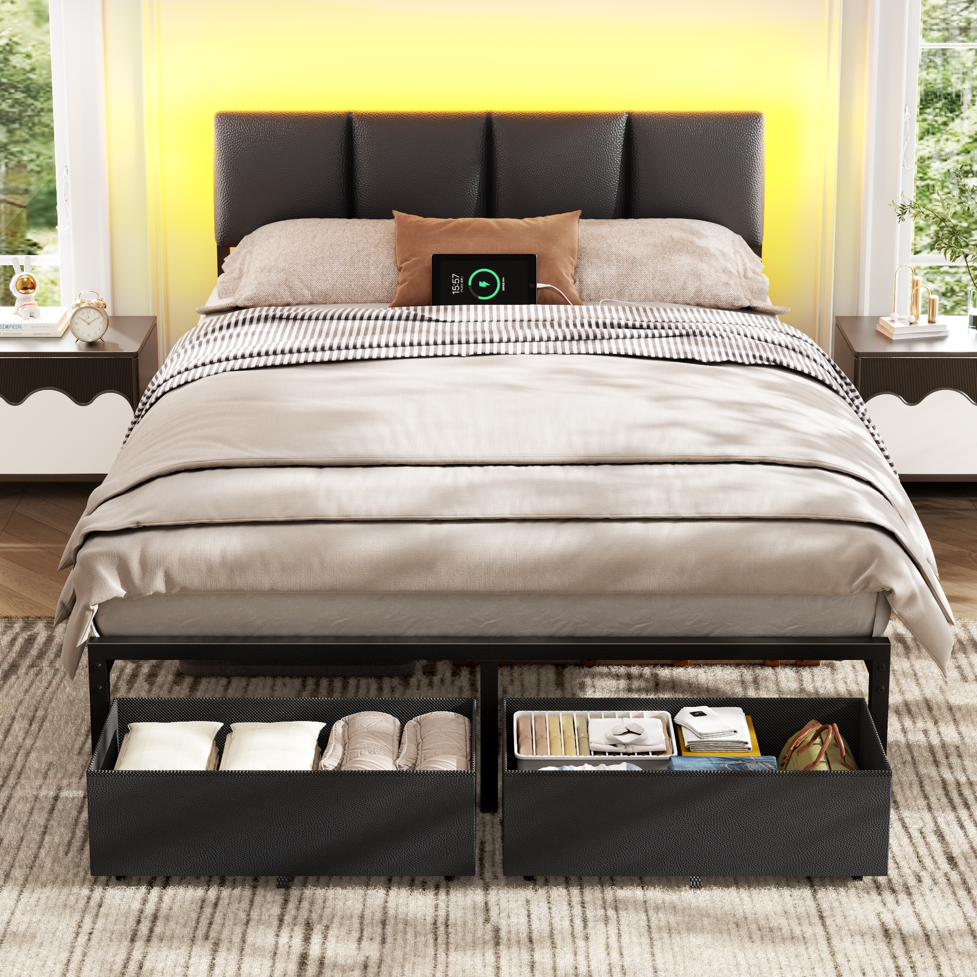 Qwatto Full Size Upholstered Platform Bed Frame with LED Lights USB Charging Station and Two Storage Drawers Black Faux Leather No Box Spring Needed