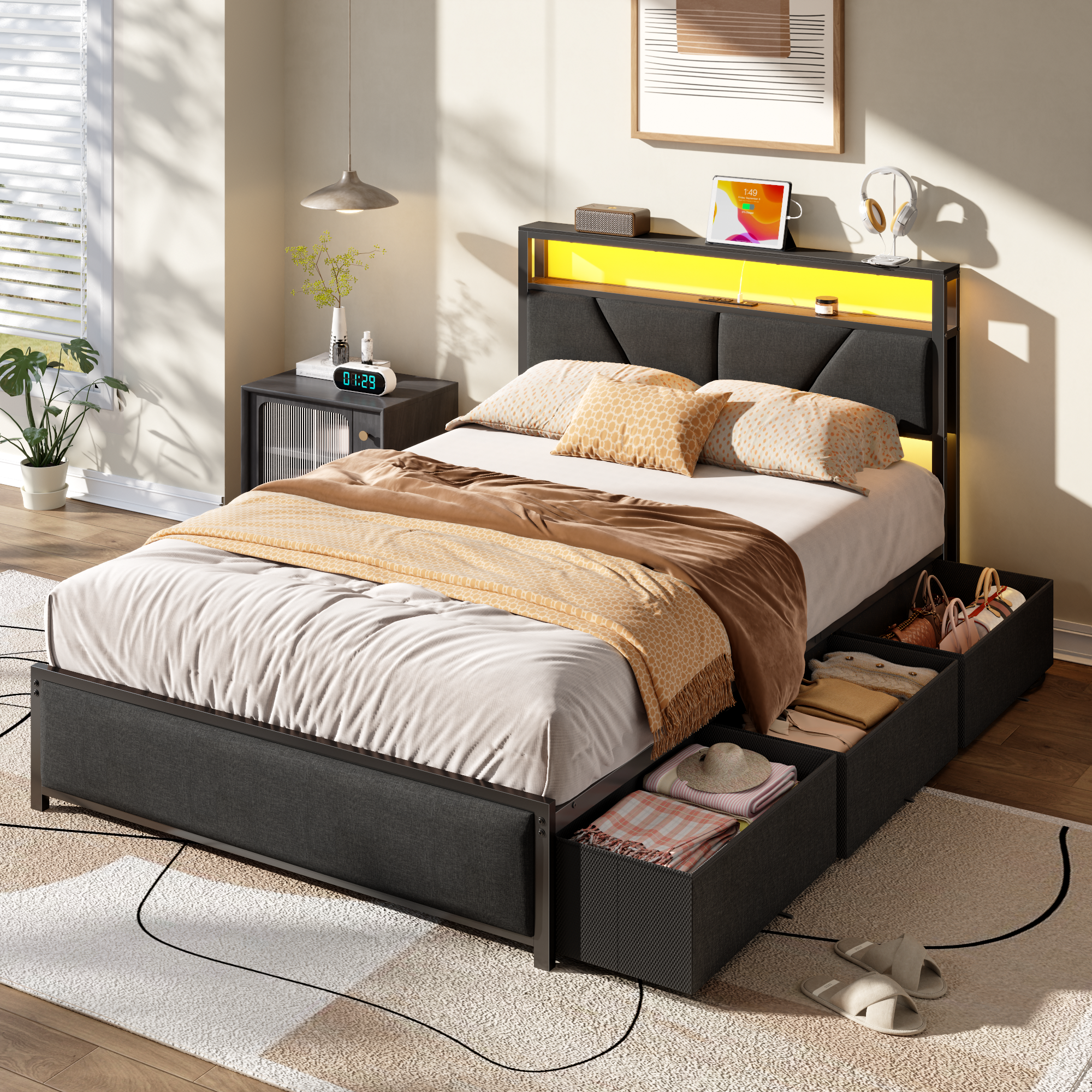 Qwatto Full Size Bed Frame with 6 Storage Drawers Charging Station LED Lights Upholstered Storage Headboard Metal Platform No Box Spring Needed