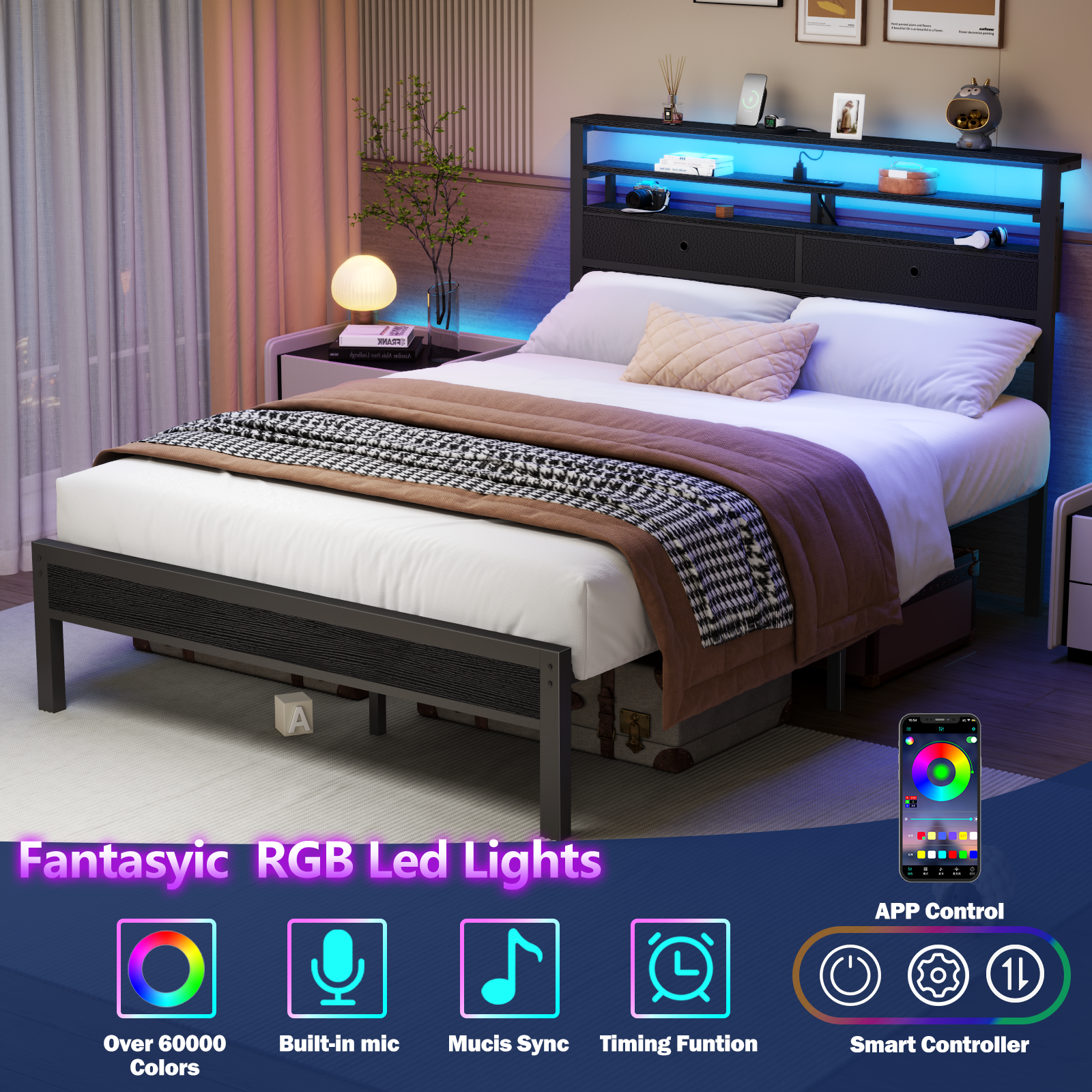 Full Size Platform Bed Frame LED Lights Charging Station Storage Shelves 2 Fabric Drawers Black Oak Metal Slats No Box Spring Needed Noise Free