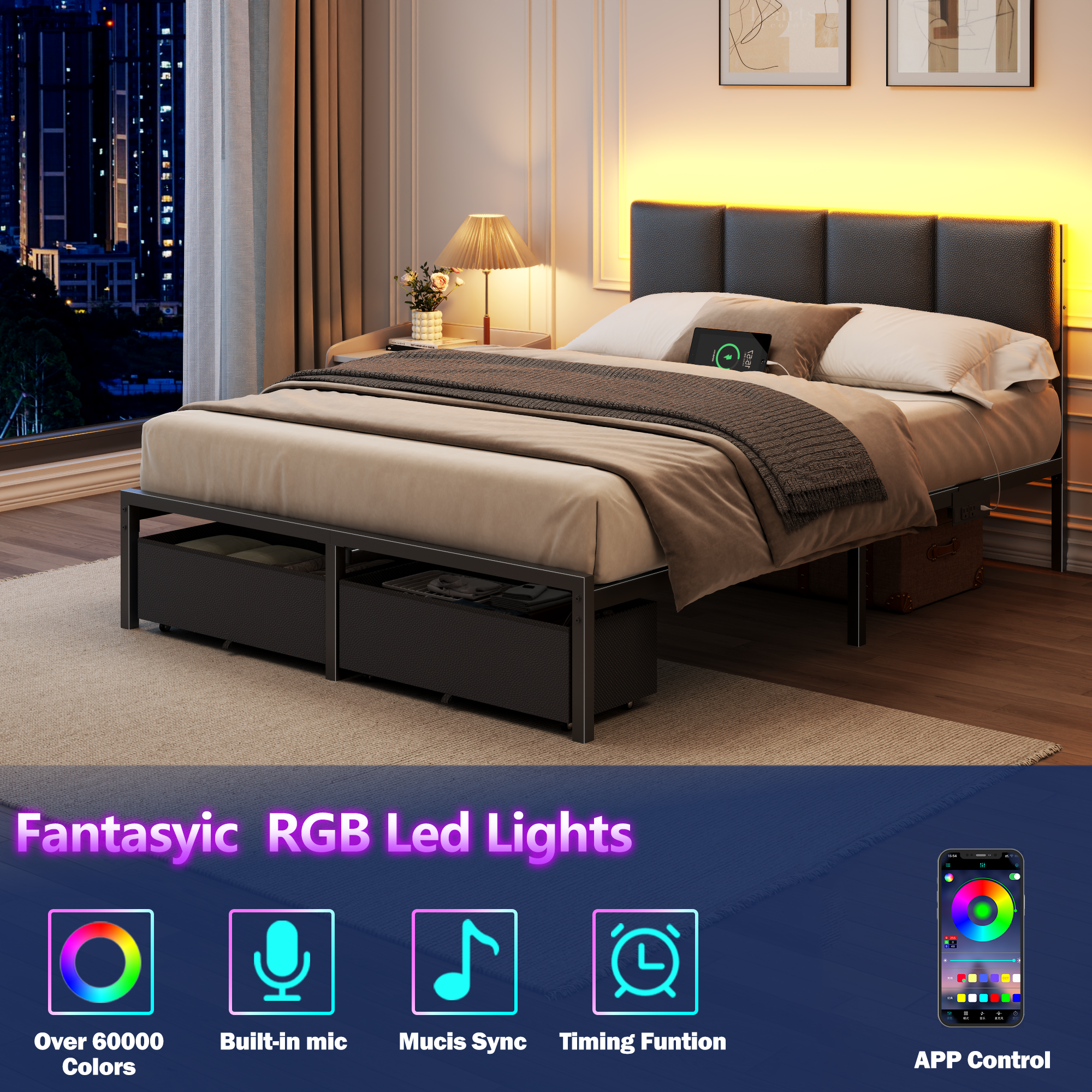 Qwatto Full Size Upholstered Platform Bed Frame with LED Lights USB Charging Station and Two Storage Drawers Black Faux Leather No Box Spring Needed