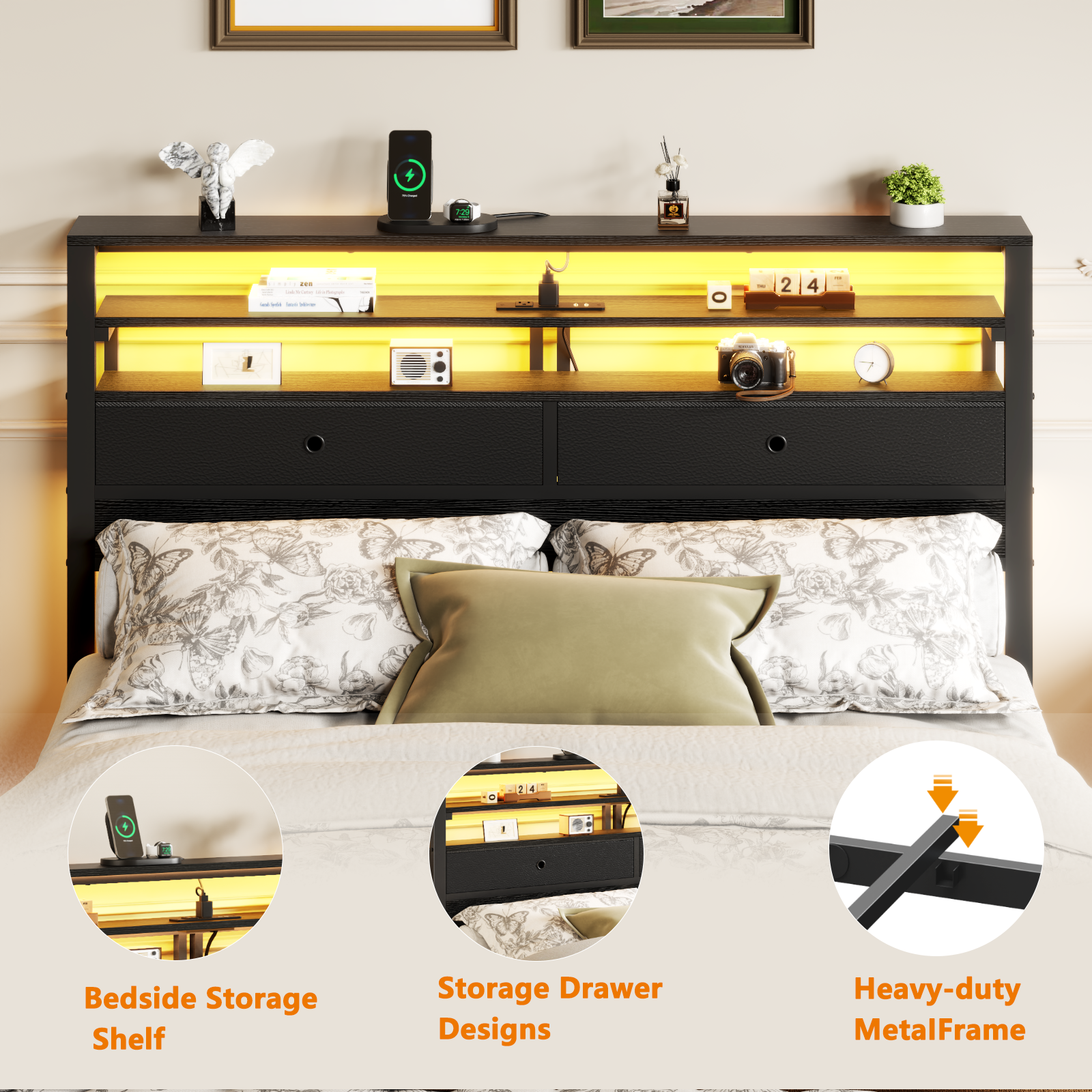 Black Oak Full Size Gaming Bed Frame LED Lights Charging Station Storage Headboard 2 Drawers Metal Platform Mattress Foundation No Box Spring USB