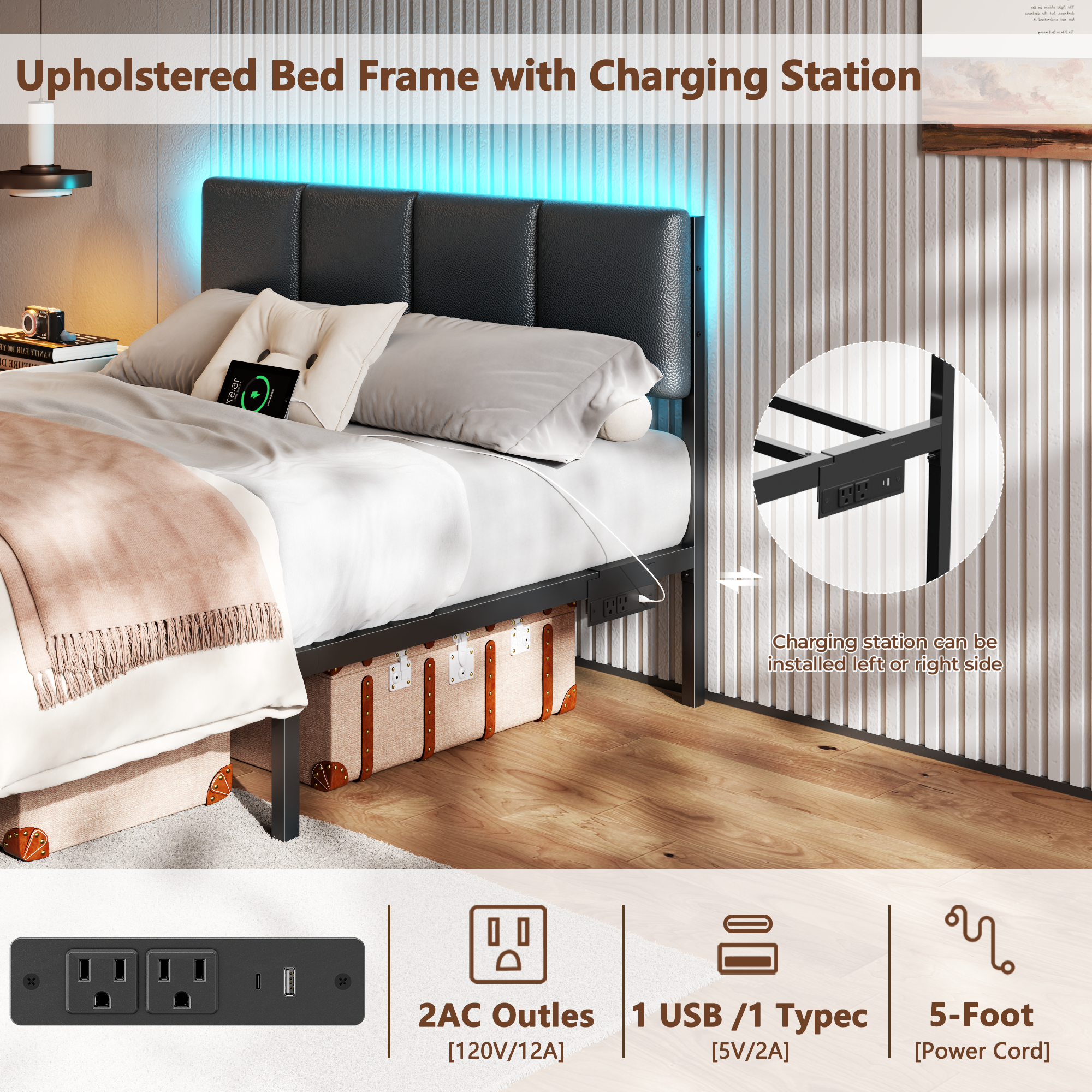 Qwatto Full Size Upholstered Platform Bed Frame with LED Lights USB Charging Station and Two Storage Drawers Black Faux Leather No Box Spring Needed