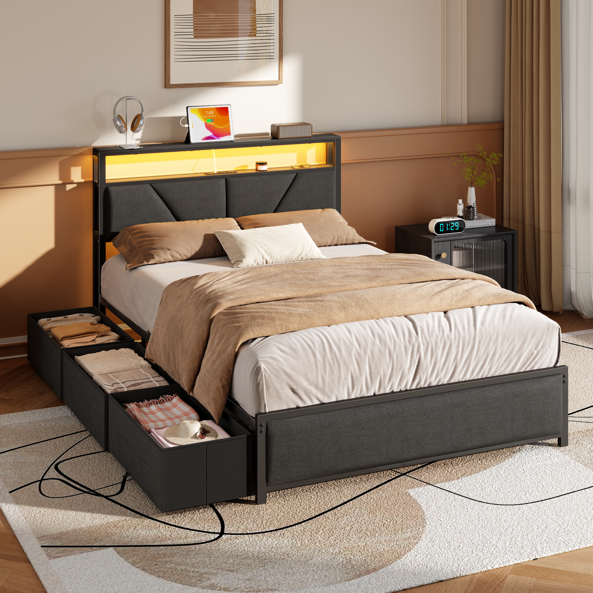 Qwatto Full Size Bed Frame with 6 Storage Drawers Charging Station LED Lights Upholstered Storage Headboard Metal Platform No Box Spring Needed