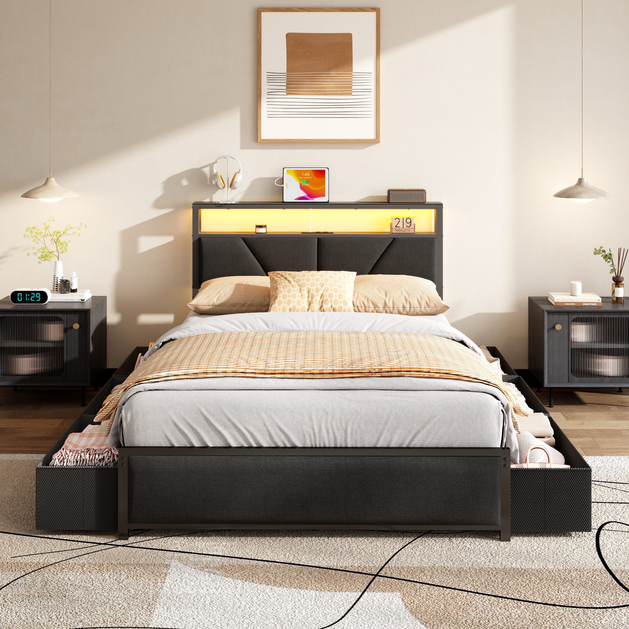 Qwatto Full Size Bed Frame with 6 Storage Drawers Charging Station LED Lights Upholstered Storage Headboard Metal Platform No Box Spring Needed