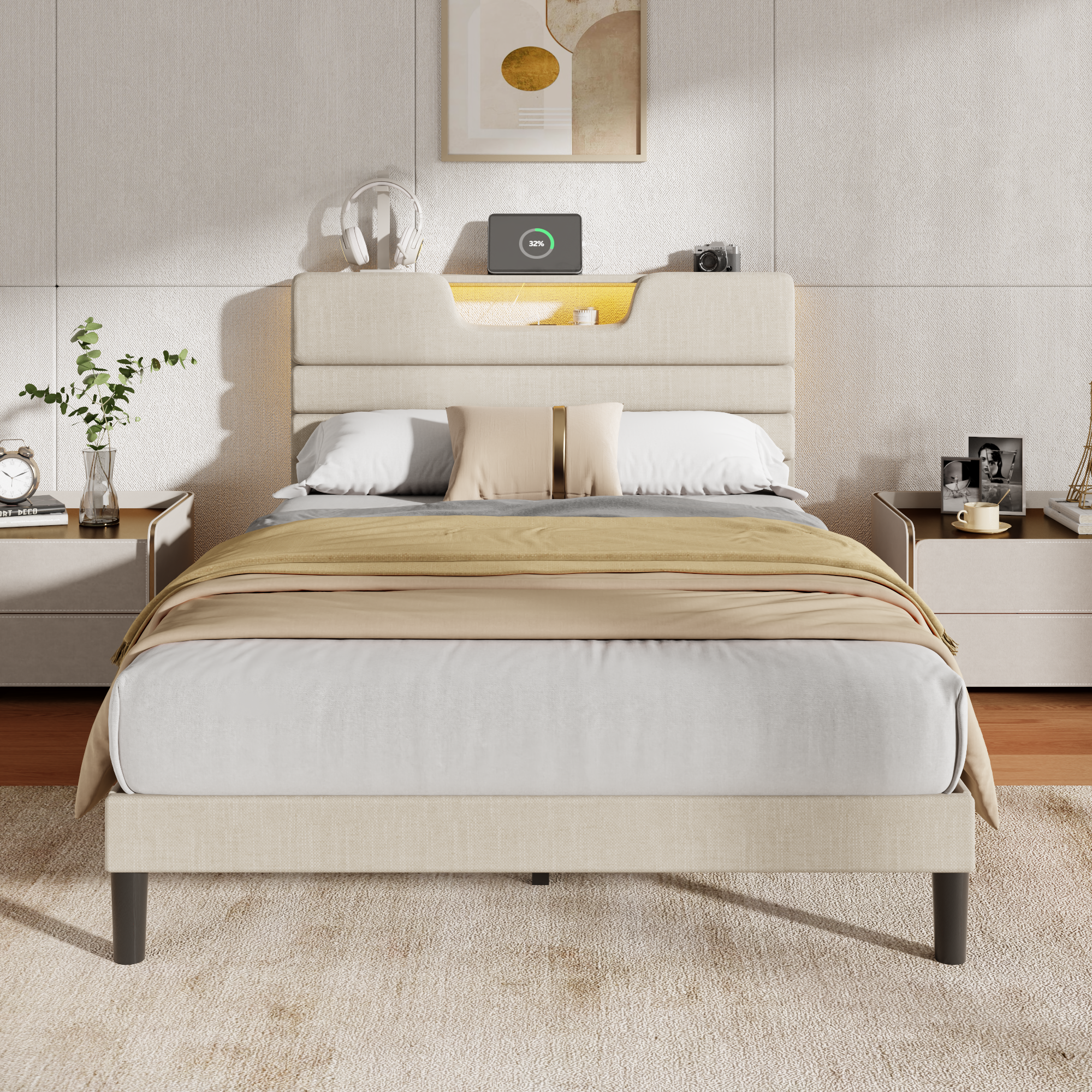 Full Size Platform Bed Frame with Storage Headboard LED Lights Charging Station Beige Upholstered USB Wood Slats Support No Box Spring Needed