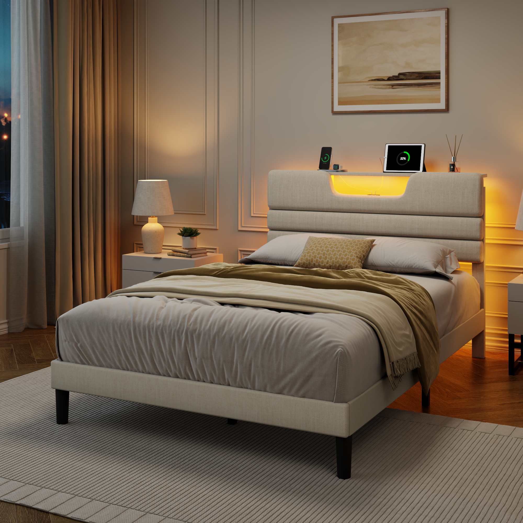 Full Size Platform Bed Frame with Storage Headboard LED Lights Charging Station Beige Upholstered USB Wood Slats Support No Box Spring Needed