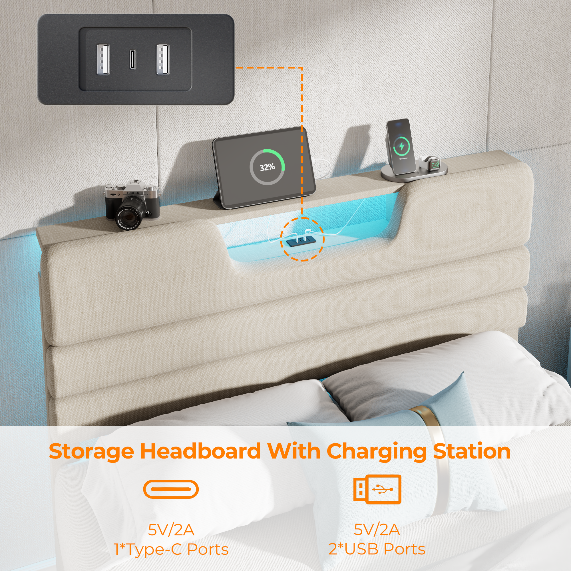 Full Bed Frame with LED Lights, Headboard with Charging Station  Upholstered Platform Bedframe Metal Support No Box Spring Needed 2-Tier Storage