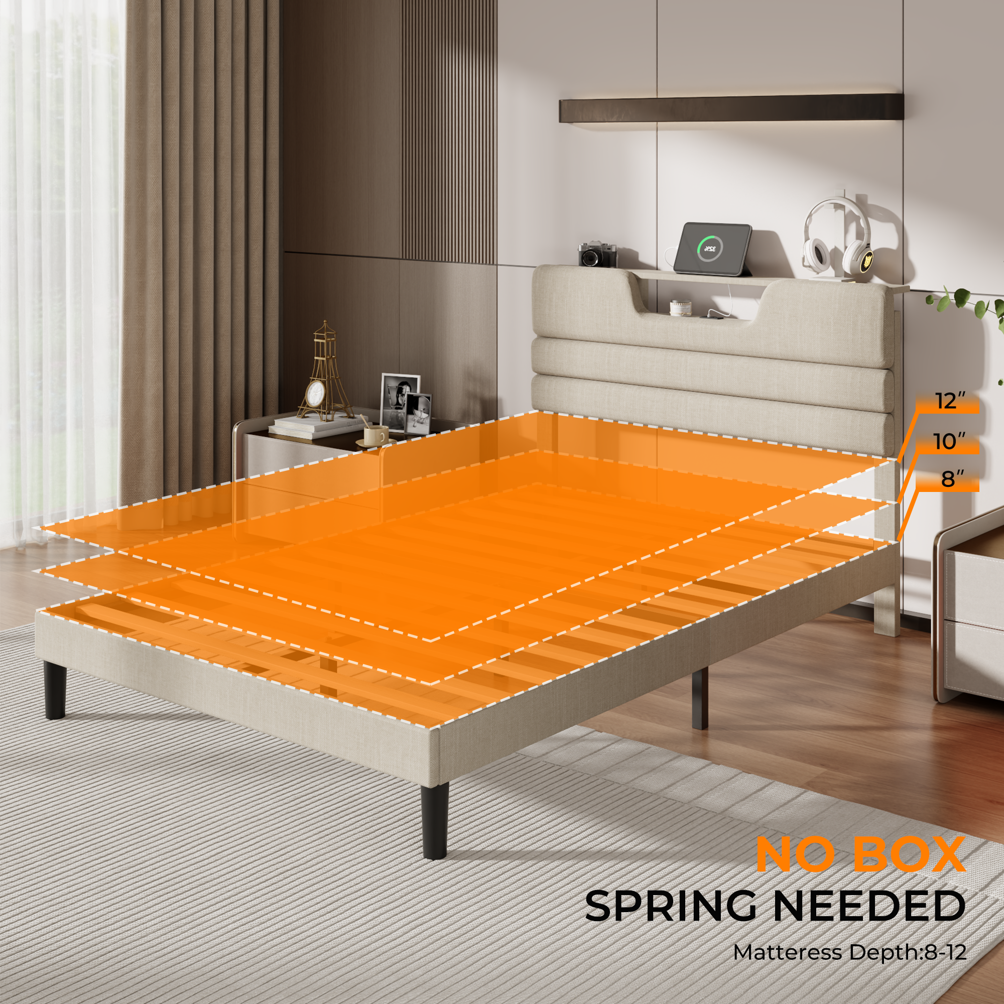 Full Bed Frame with LED Lights, Headboard with Charging Station  Upholstered Platform Bedframe Metal Support No Box Spring Needed 2-Tier Storage