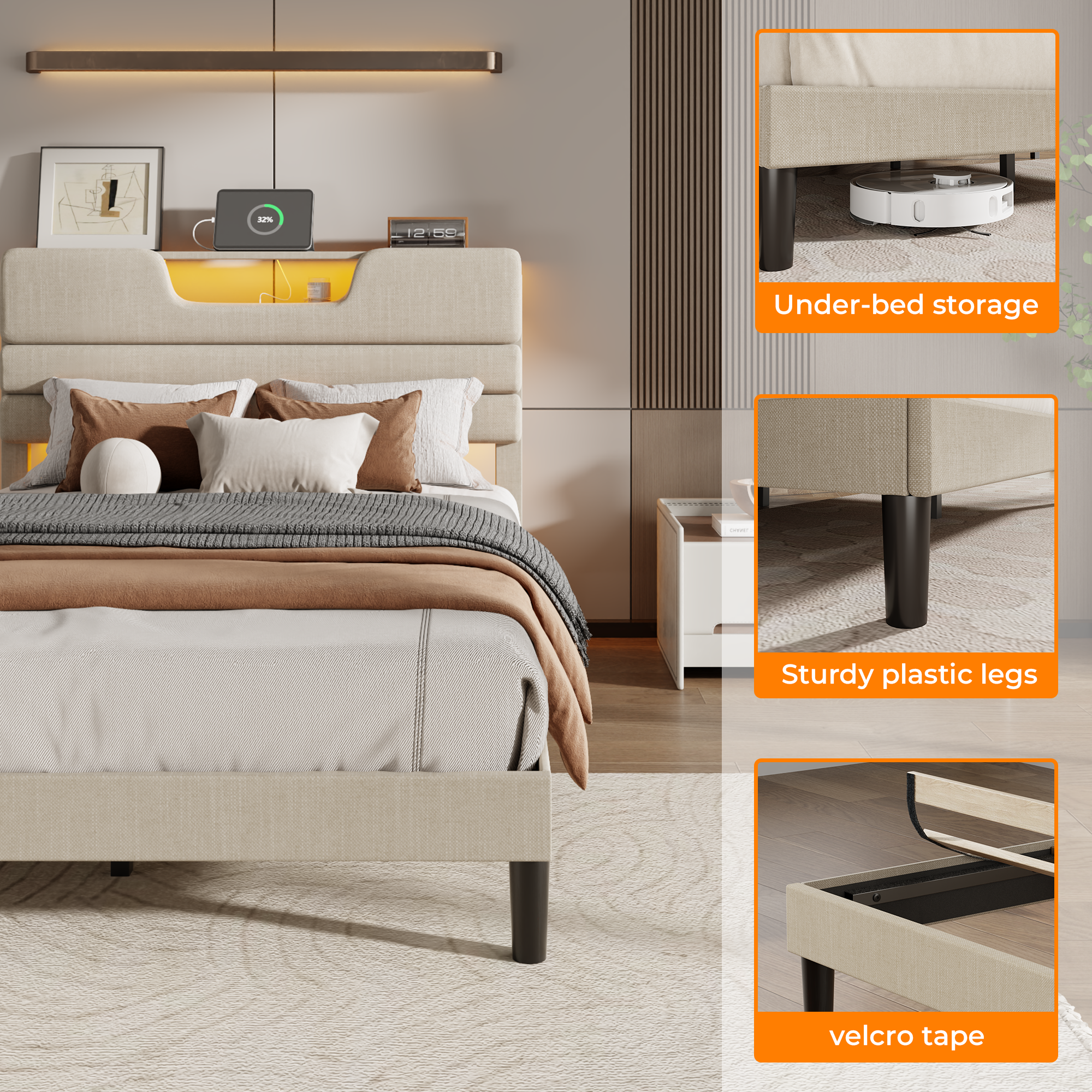 Full Size Platform Bed Frame with Storage Headboard LED Lights Charging Station Beige Upholstered USB Wood Slats Support No Box Spring Needed
