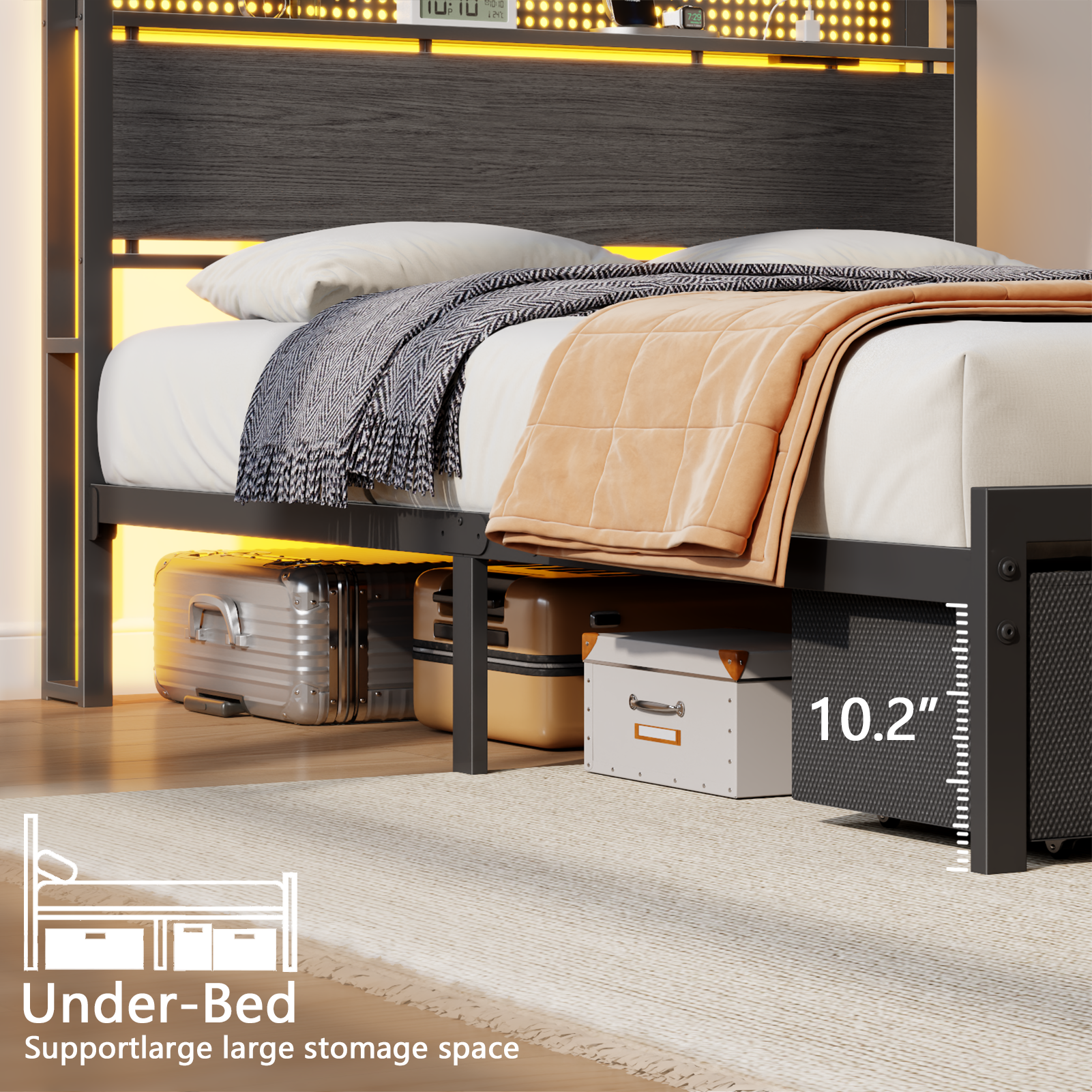 Full Size Platform Bed Frame 2 Storage Drawers Headboard LED Lights Charging Station Heavy Duty Metal Wood No Box Spring Needed Guest Bedroom USB