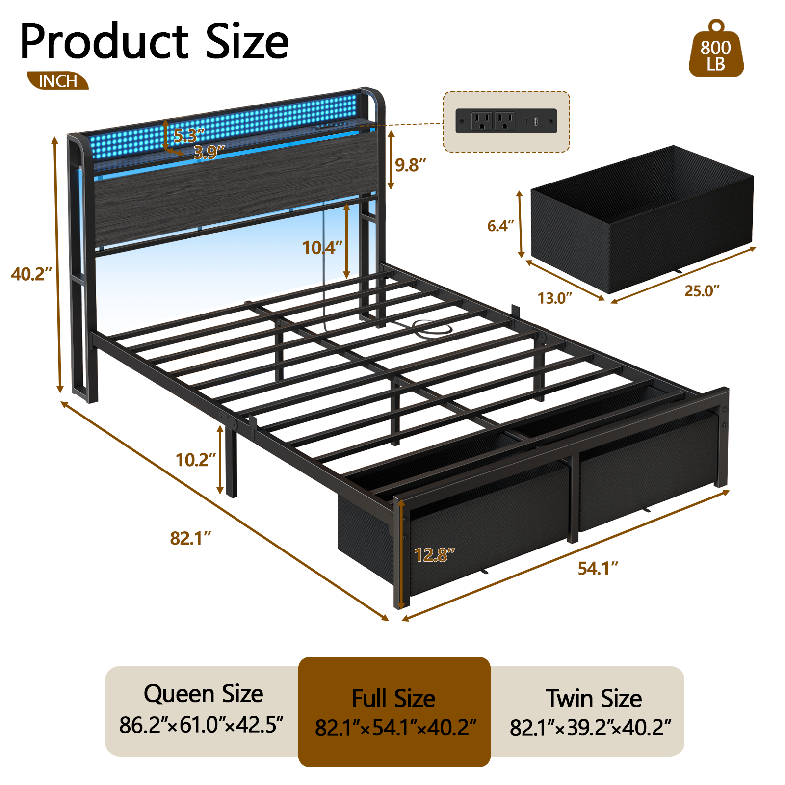 Full Size Platform Bed Frame 2 Storage Drawers Headboard LED Lights Charging Station Heavy Duty Metal Wood No Box Spring Needed Guest Bedroom USB