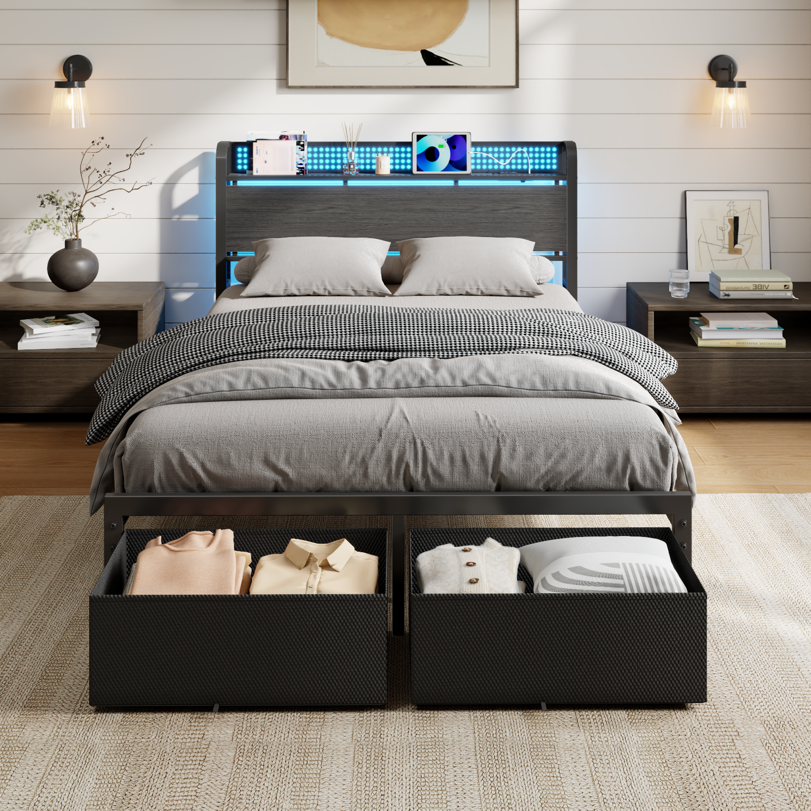 Full Size Platform Bed Frame 2 Storage Drawers Headboard LED Lights Charging Station Heavy Duty Metal Wood No Box Spring Needed Guest Bedroom USB